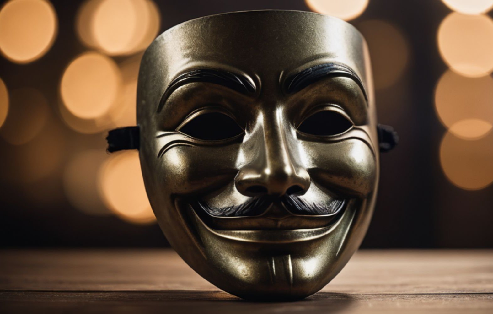 L'image montre un masque doré avec un sourire large et un moustachu distinctif. Le masque a des yeux en forme d'amande et une expression qui semble à la fois amicale et mystérieuse. En arrière-plan, on peut apercevoir des lumières floues qui créent une ambiance chaleureuse et festive. Le masque est placé sur une surface en bois, soulignant son aspect artistique et symbolique.