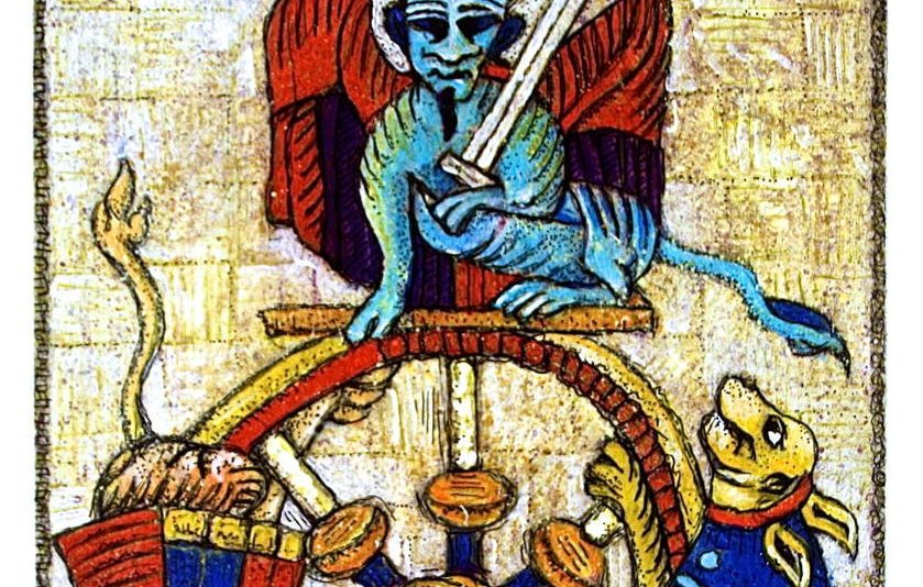 الصورة تُظهر مشهدًا فنيًا ملونًا يجمع عناصر رمزية متنوعة. في الجزء العلوي، نجد شخصية تحمل سيفًا، تبدو كأنها تتمتع بسلطة، بينما تحيط بها ألوان زاهية. في الوسط، توجد عجلة كبيرة تحمل رموزًا أخرى، وقد يكون هنالك مخلوقات أو أشكال تمثل قوى أو أفكار مختلفة. يبدو أن الصورة تمزج بين الأساطير والرمزية، حيث تخلق تفاعلًا بصريًا قويًا يعكس موضوعات القوة والمصير.