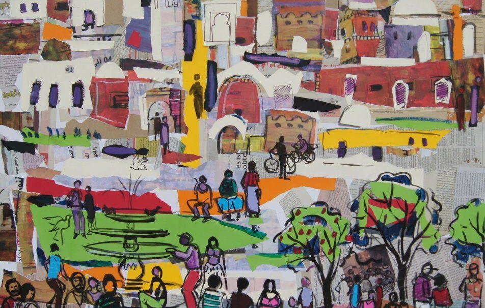 L'image représente une scène animée et colorée d'une ville ou d'un village. On y voit diverses personnes interagissant dans un espace public, entourées de bâtiments aux formes et couleurs variées. Des personnages sont assis, d'autres marchent ou discutent, créant une atmosphère vivante. Des arbres et des espaces verts sont également présents, ajoutant une touche de nature à ce paysage urbain. La composition est riche en détails, avec des motifs graphiques et des éléments folkloriques qui renforcent l'aspect culturel de la scène.