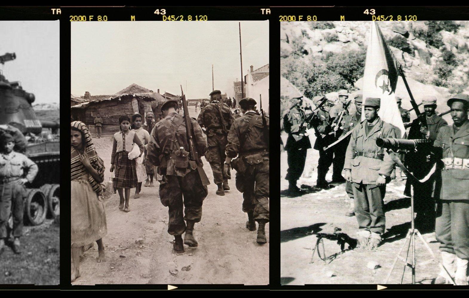 L'image est composée de trois photographies en noir et blanc, montées côte à côte. 1. La première image montre des soldats posant devant un char d'assaut, pouvant suggérer un contexte militaire ou de guerre. 2. La deuxième photographiе met en scène un groupe de personnes marchant dans une rue, probablement dans un village, avec des enfants et des adultes portant des vêtements traditionnels. 3. La dernière image présente des soldats en uniforme, tenant des drapeaux et se tenant en rang, ce qui peut indiquer une cérémonie ou un rassemblement militaire. Ces images semblent refléter des événements historiques ou des scènes de vie en lien avec un contexte de conflit ou de mobilisation militaire.