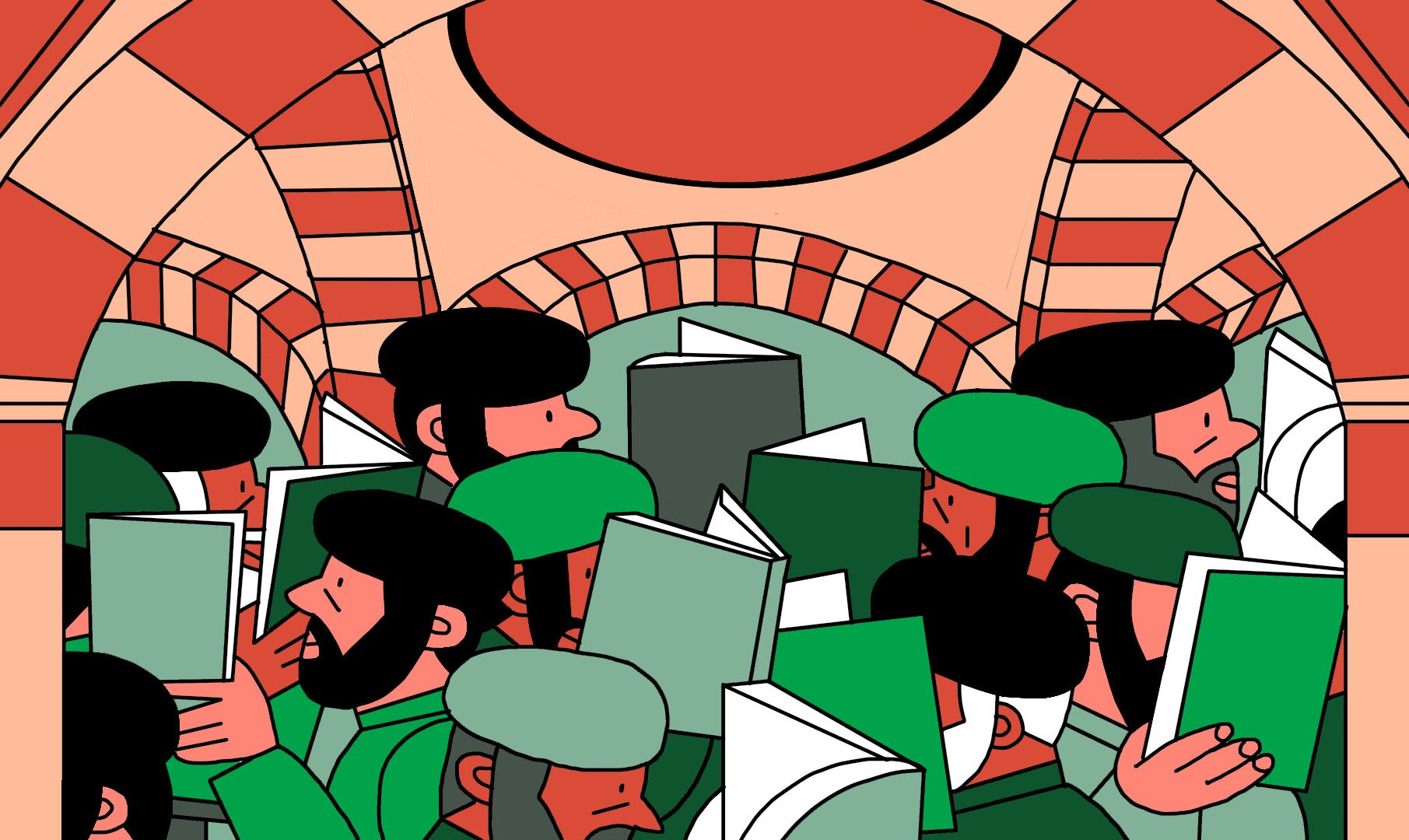 L'image représente un groupe de personnes se tenant sous une arcade. Elles portent des chapeaux et des vêtements de couleur verte, et certaines semblent porter des livres ouverts. Les personnages ont des expressions concentrées, comme s'ils étaient absorbés par leur lecture. L'architecture en arrière-plan présente des motifs en briques, créant une ambiance chaleureuse et accueillante.