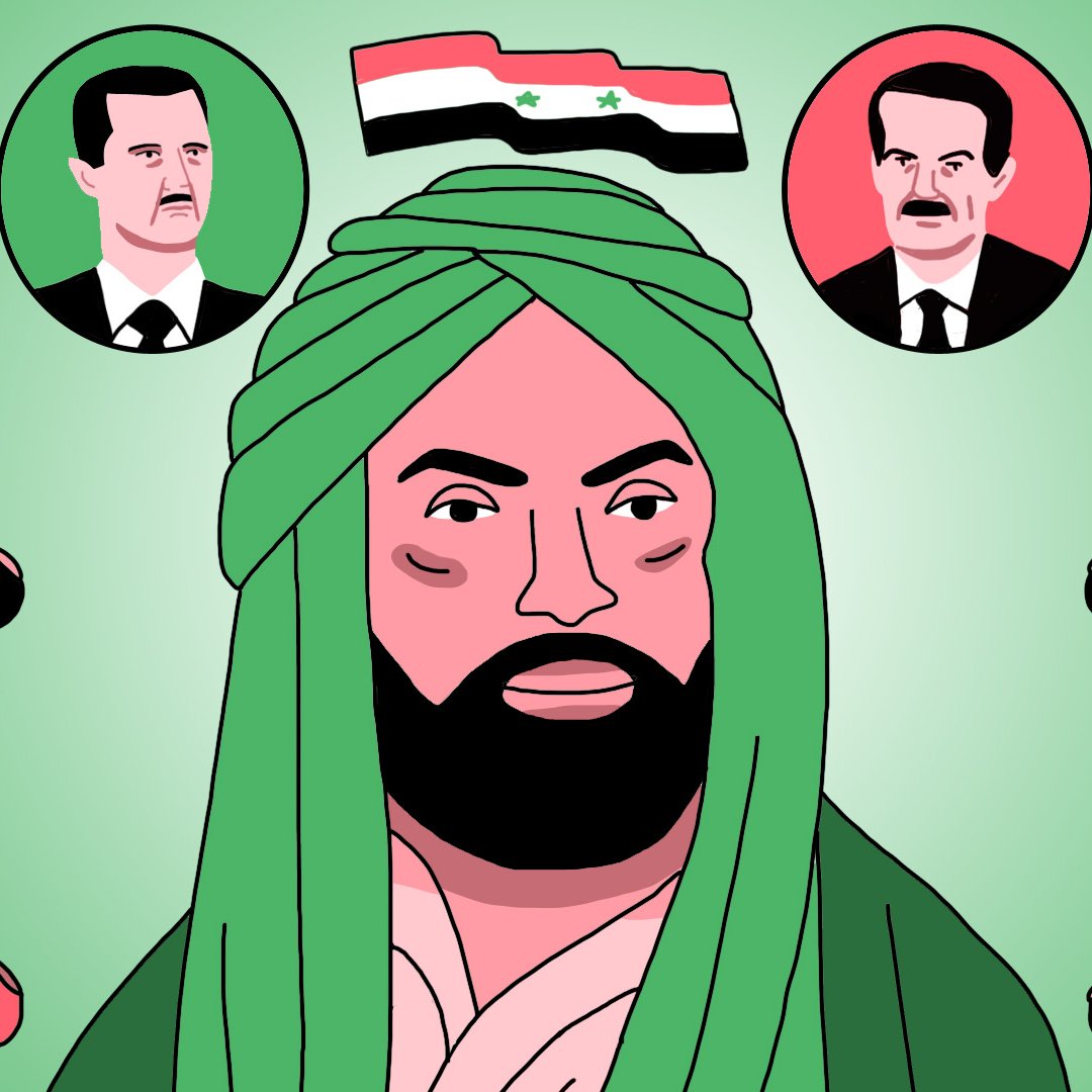 L'image présente un personnage central avec une barbe et un turban vert, entouré de silhouettes de personnes inclinées vers le sol. Au-dessus, il y a trois cercles avec des visages, probablement représentant des figures politiques. En arrière-plan, on peut voir un drapeau syrien. L'ensemble évoque des thèmes liés à la politique et à la religion, toutes deux liées à la Syrie. Les couleurs sont principalement vertes et rouges, ajoutant un contraste visuel significatif.