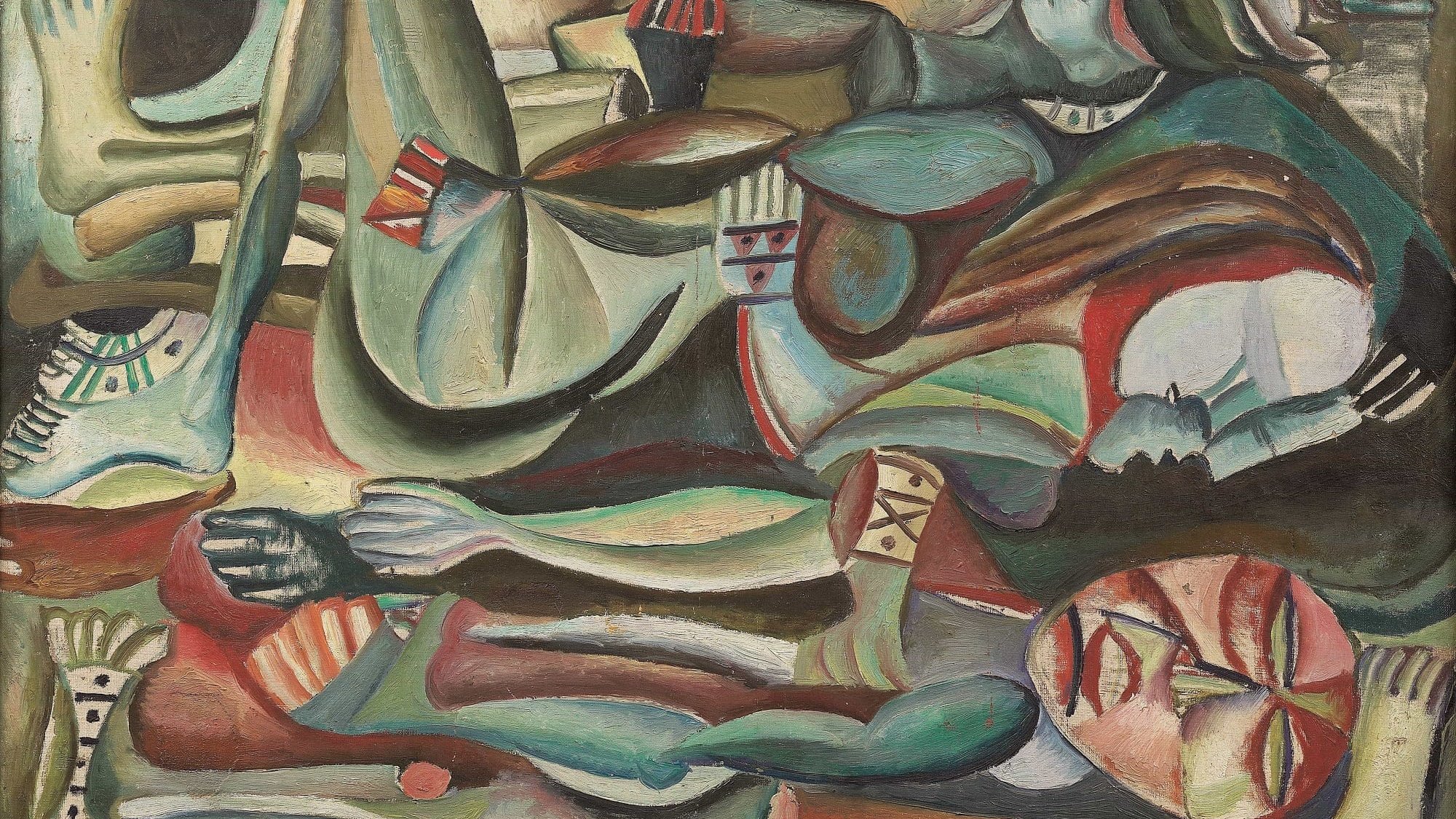 Cette image représente une composition abstraite, caractéristique de l'art moderne. On y voit des formes humaines stylisées et déformées, disposées de manière chaotique. Les figures sont peintes dans des teintes variées, comprenant des verts, des rouges et des bleus, avec des traits géométriques et des motifs qui suggèrent une certaine fragmentation. L'ensemble donne une impression de mouvement et d'émotion, évoquant des thématiques liées à la vie et à la mortalité. Les personnages semblent interagir les uns avec les autres dans un contexte troublant, invitant à l'interprétation.