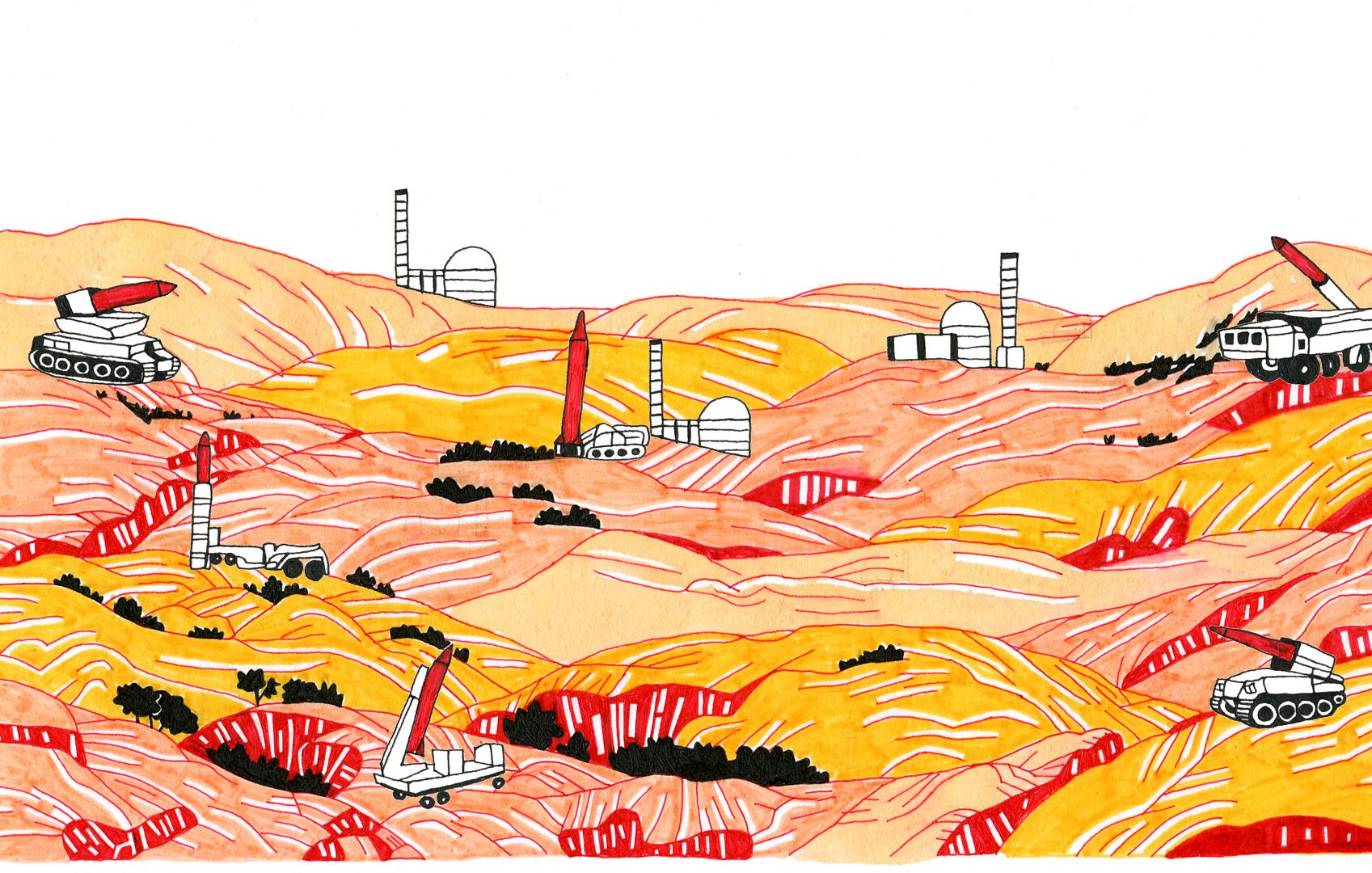 L'image représente un paysage désertique aux teintes chaudes, avec des collines ondulées colorées en orange et rouge. Plusieurs véhicules, probablement des engins de construction ou d'exploration, sont dispersés dans le paysage. On peut voir des structures ressemblant à des installations industrielles, comme des silos ou des détecteurs, à l'arrière-plan. L'ensemble donne une impression d'environnement extraterrestre ou de zone sur laquelle des activités industrielles ont lieu.