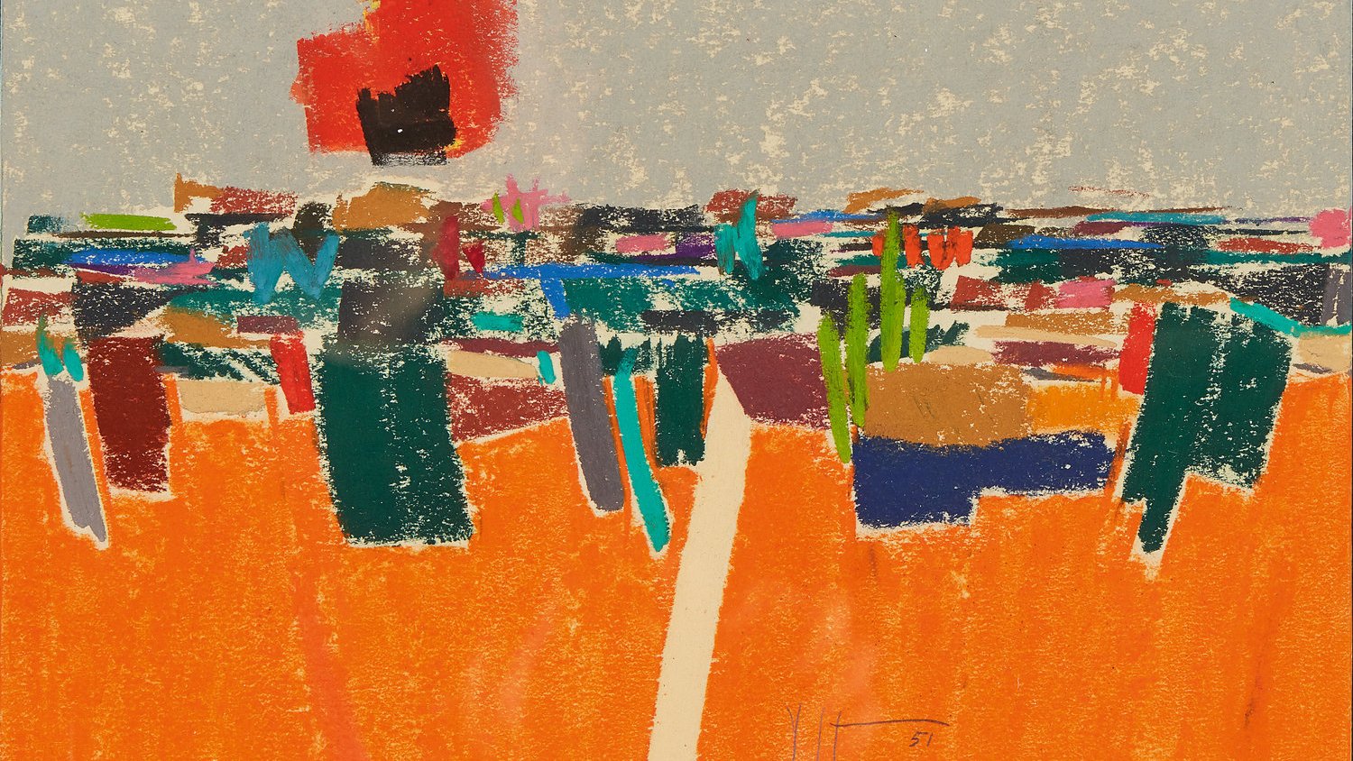 Cette image représente une œuvre abstraite avec des couleurs vives et des formes dynamiques. En premier plan, on peut voir des touches de couleur orange dominant, symbolisant peut-être un paysage. De nombreuses autres couleurs se mêlent, créant des formes évoquant une scène vivante ou une nature stylisée. Le contraste entre les couleurs est frappant, avec des éléments sombres et lumineux qui invitent à l'interprétation. L'ensemble dégage une atmosphère énergique et expressive.