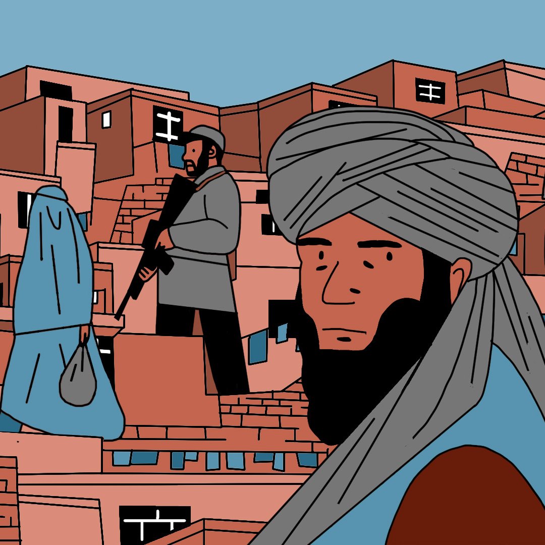 L'image présente une scène urbaine stylisée, probablement inspirée de l'architecture d'une ville. Au premier plan, un homme avec une barbe et un turban regarde fixement, tandis qu'en arrière-plan, plusieurs figures, y compris des hommes et des femmes, interagissent dans un paysage de bâtiments en briques aux couleurs chaudes. On aperçoit également un avion dans le ciel, ce qui suggère une connexion avec le monde extérieur. L'ensemble de l'illustration évoque une atmosphère à la fois dynamique et contemplative.