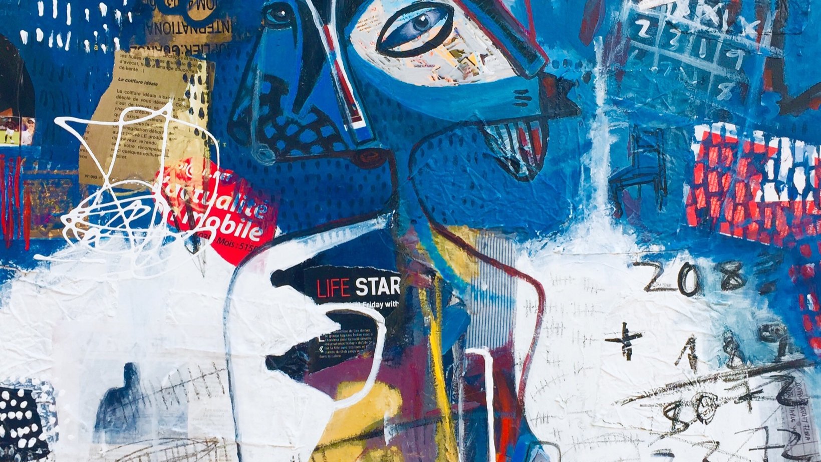 L'image présente une œuvre d'art abstraite avec des couleurs vives, notamment des nuances de bleu, de jaune et de rouge. Au centre, on peut apercevoir une figure stylisée, à la silhouette humaine, avec un visage expressif. Des éléments graphiques, comme des gribouillages et des inscriptions, ajoutent de la complexité à la composition. Les textures et les formes variées créent un effet dynamique, tandis que les mots tels que "LIFE STAR" semblent attirer l'attention. L'ensemble dégage une atmosphère contemporaine et expressive.