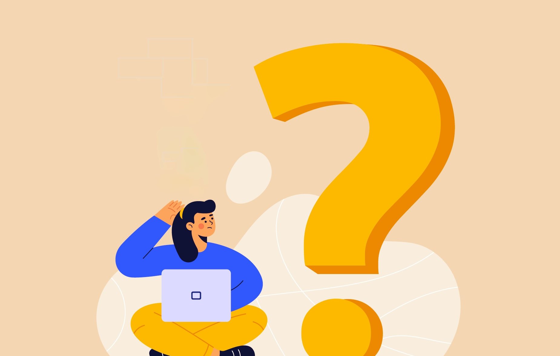 L'image montre une personne assise en tailleur sur le sol, tenant un ordinateur portable. Elle semble perplexe ou se pose des questions, avec un geste de la main sur la tête. À côté d'elle, il y a un grand point d'interrogation jaune, symbolisant l'incertitude ou la curiosité. L'arrière-plan est de couleur beige et présente des motifs abstraits.