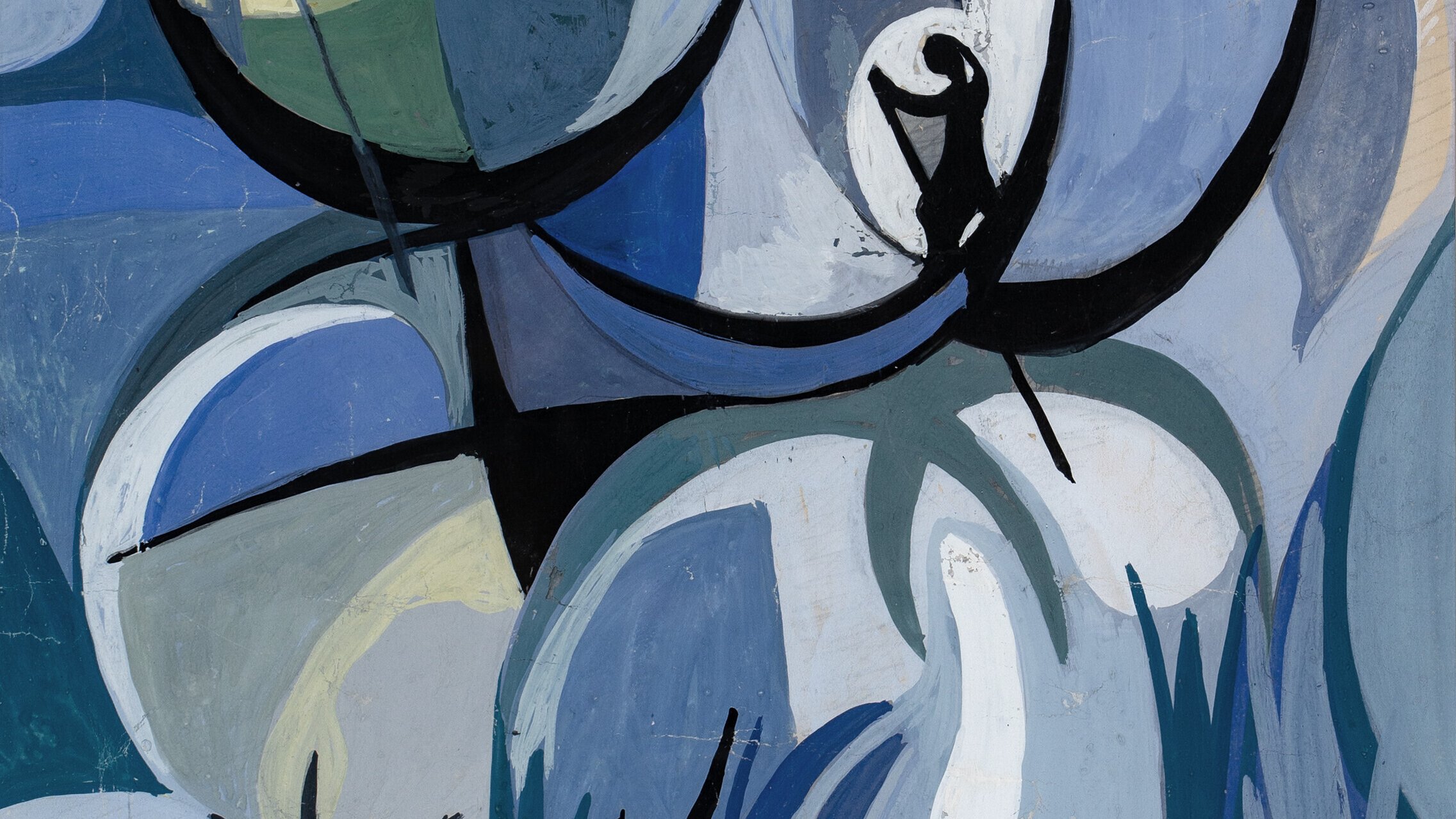 L'image représente une composition abstraite dominée par des nuances de bleu, de vert et de noir. On y voit des formes organiques, évoquant à la fois des silhouettes humaines et des éléments naturels comme des plantes. La composition semble jouer avec les contrastes entre lumière et ombre, créant une atmosphère à la fois paisible et dynamique. Les formes fluides rejoignent un sentiment d'harmonie tout en laissant place à l'interprétation individuelle.