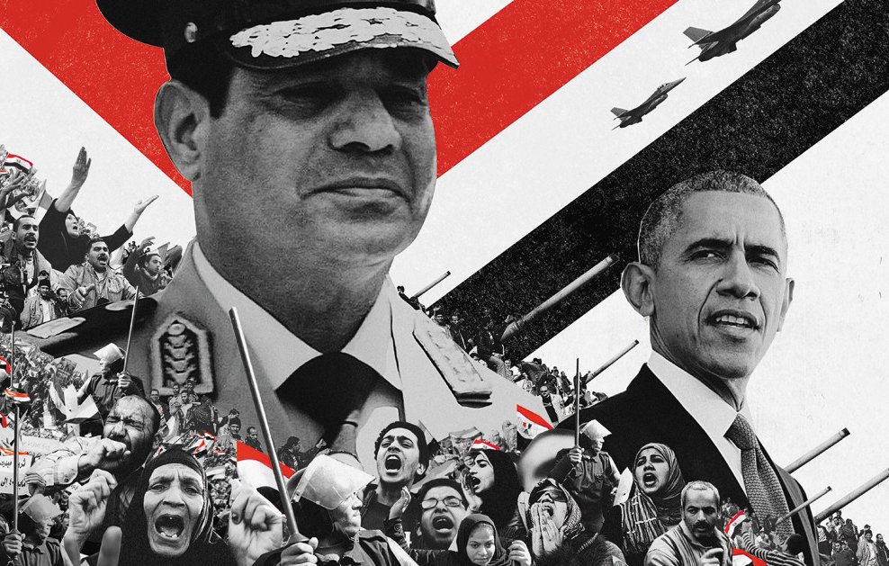 The image features a juxtaposition of two prominent figures: a military general and a political leader, positioned against a backdrop of striking red, black, and white colors. The general is depicted in a military uniform, likely symbolizing authority and power, while the political leader, who appears to be more formal, suggests diplomacy and governance. In the lower part of the image, there are crowds of people holding banners and raising their fists, indicating a sense of protest or social movement. Additionally, there are airplanes or missiles in the background, which may imply themes of conflict or intervention. Overall, the image conveys a sense of political tension and contrasting leadership styles.