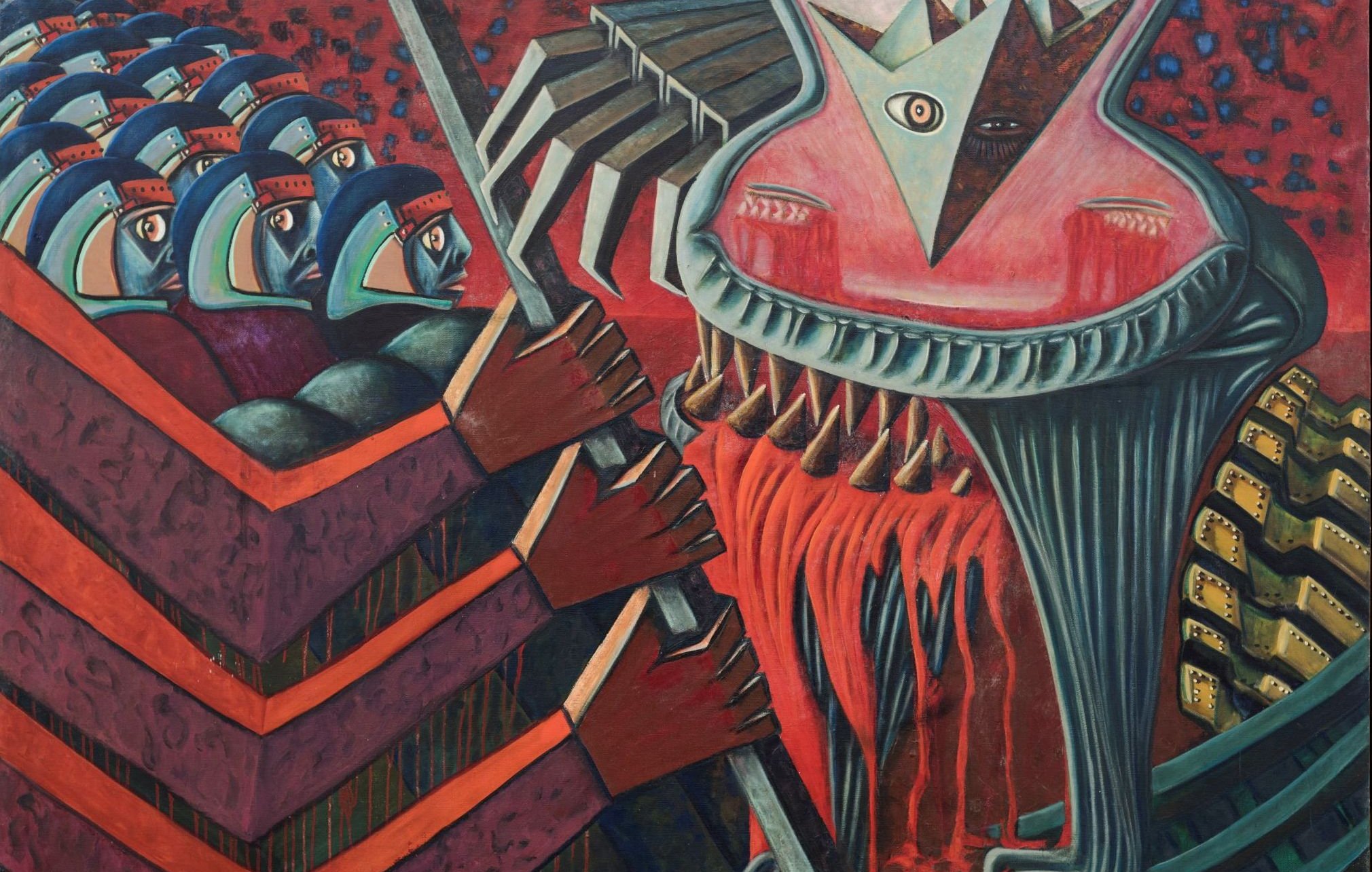 L'image présente une scène dynamique, caractérisée par des éléments stylistiques forts. On y voit plusieurs figures humaines sur la gauche, vêtues de costumes colorés et portant des casques, semblant se préparer à une confrontation. À droite, une créature fantastique ou un monstre, avec une grande tête triangulaire et un œil au centre, dégage une aura étrange et menaçante. Ses membres et sa forme sont exagérés, ce qui crée un contraste saisissant avec les personnages humains. Les couleurs utilisées sont vives et profondes, ajoutant à l'intensité émotionnelle de la scène. L'ensemble évoque une lutte symbolique ou un conflit.