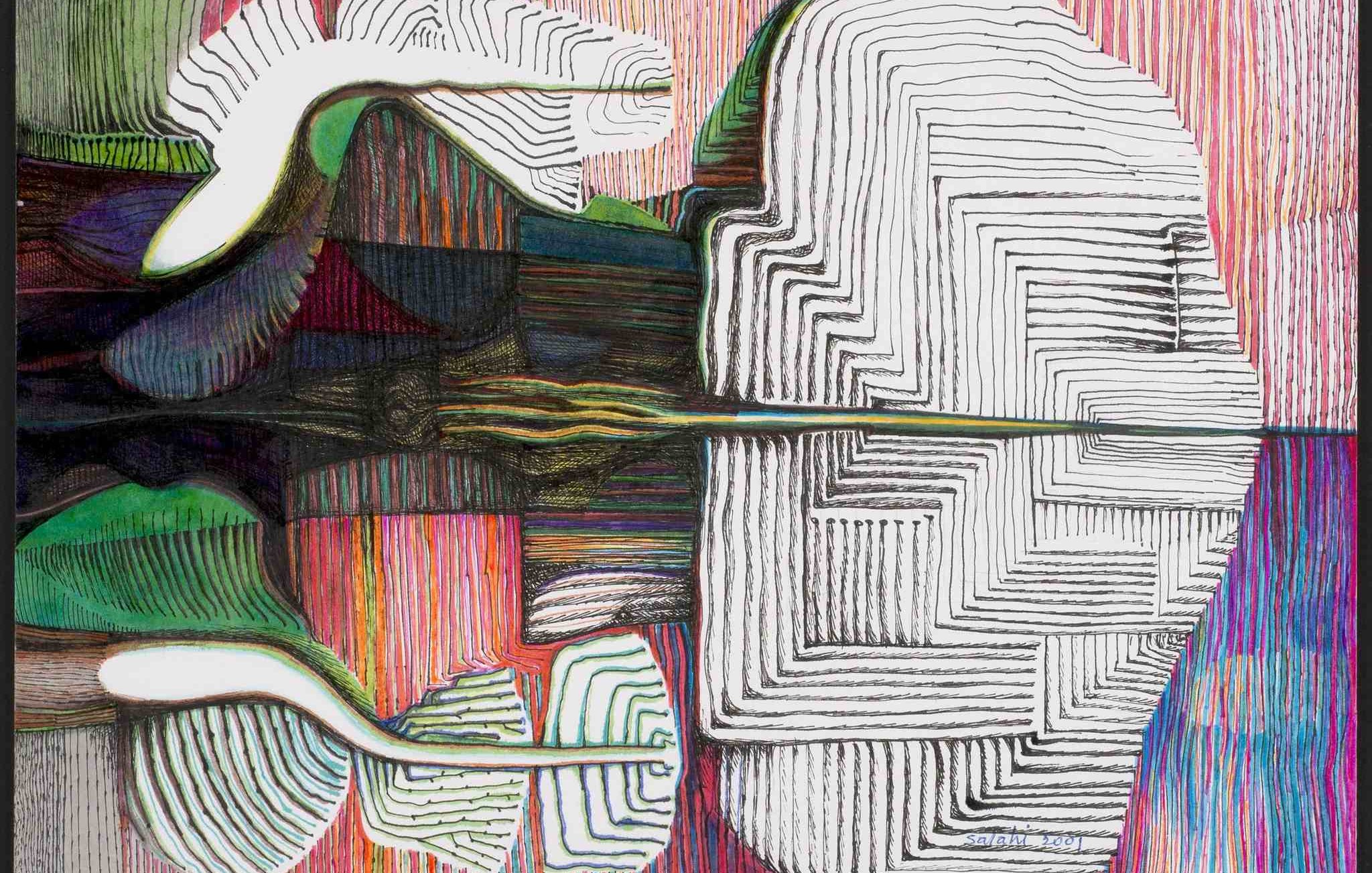 L'image présente une composition abstraite et colorée. On y voit des formes organiques similaires à des feuilles, qui se détachent sur un fond multicolore. Des motifs en noir et blanc créent des lignes fluides et géométriques, ajoutant une dimension graphique à l'œuvre. Les teintes vives et les contrastes entre les éléments créent une atmosphère dynamique et captivante. L'ensemble évoque une interaction entre la nature et l'art abstrait.