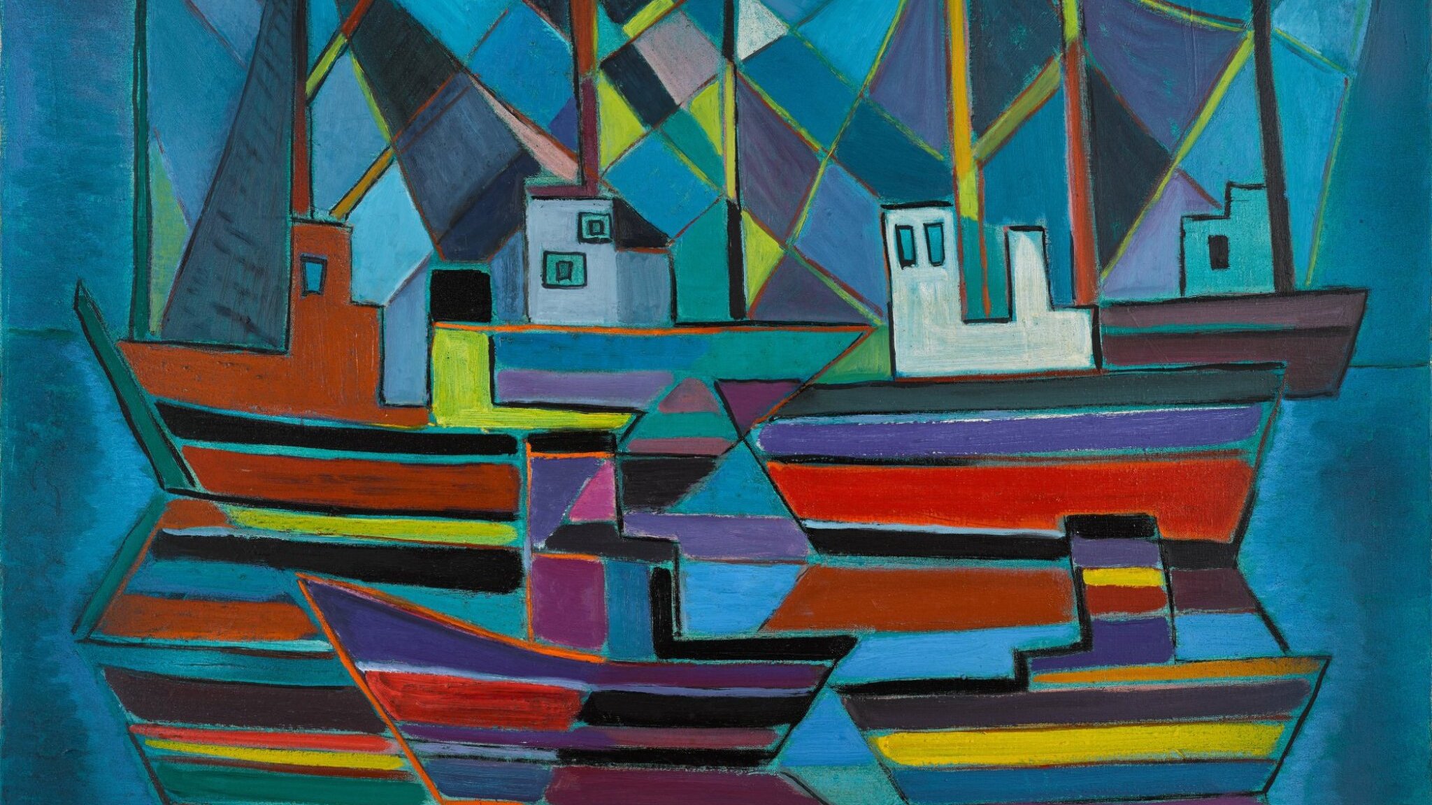 L'image représente une peinture abstraite de bateaux colorés. Les formes géométriques sont superposées et naviguent sur un fond bleu vif. Les bateaux sont de différentes tailles et sont peints dans des couleurs vives, comme le rouge, le jaune et le vert, avec des détails contrastants. L'utilisation de lignes angulaires et de motifs donne une impression dynamique, évoquant une scène maritime moderne et stylisée.