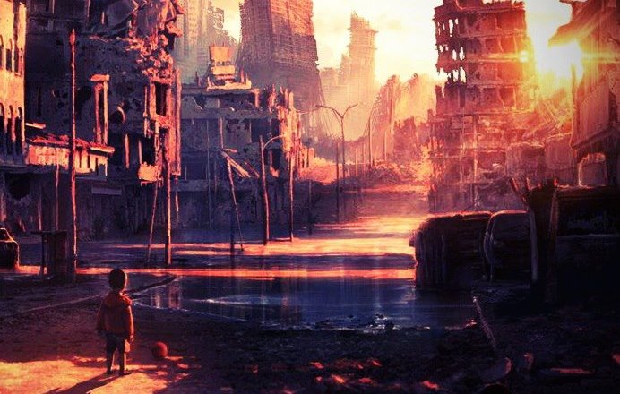 L'image montre un paysage apocalyptique, où des bâtiments en ruine s'élèvent sous un ciel teinté de couleurs chaudes, annonçant un coucher de soleil. Les structures sont dévastées, laissant entrevoir des débris et une atmosphère de désolation. Au premier plan, une silhouette d'enfant se tient, semblant contempler cette scène de destruction, tandis qu'un chemin inondé s'étend devant lui. L'ensemble véhicule une mélancolie profonde et une réflexion sur la perte et l'abandon.