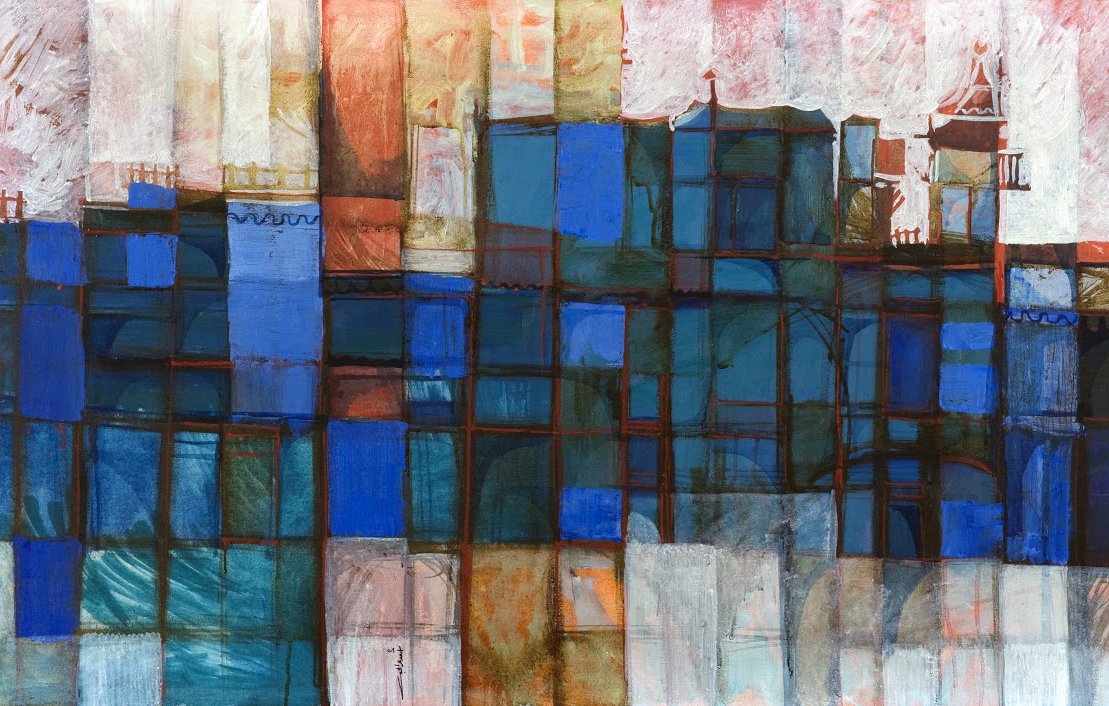 Cette image semble être une œuvre d'art abstraite. Elle présente un mélange de formes rectangulaires et de couleurs, principalement des nuances de bleu, de rouge et de blanc. Les différentes sections semblent se chevaucher, créant un effet de transparence et de superposition. Les contours des formes suggèrent des motifs architecturaux, mais leur abstraction empêche une identification précise des objets représentés. L'ensemble dégage une sensation de mouvement et de créativité.