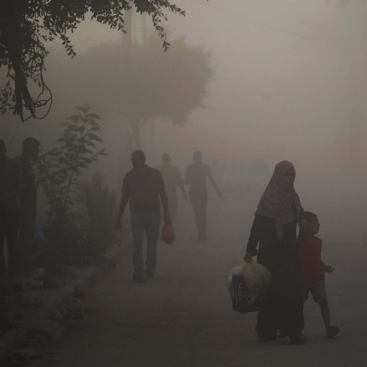در این تصویر، گروهی از مردم در یک خیابان در حال حرکت هستند. هوا بسیار غبار آلود و مه‌آلوده به نظر می‌رسد. در foreground، یک زن با حجاب و یک کودک در حال عبور هستند. زن وسایلی را در دستانش حمل می‌کند. در پس‌زمینه، دیگر افرادی دیده می‌شوند که به آرامی در این شرایط نامساعد حرکت می‌کنند. فضای تصویر حسی از ابهام و دلتنگی را به تصویر می‌کشد.
