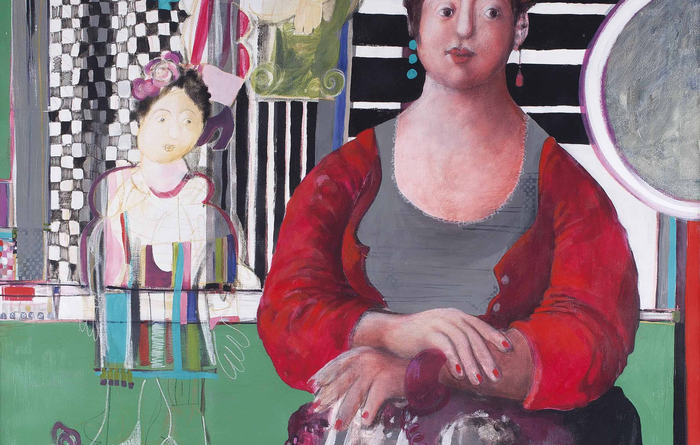 L'image représente une femme assise, avec une expression calme et confiante. Elle porte un pull rouge et des chaussures à talons, avec des rayures sur son bas. Sa tête est ornée de fleurs, ajoutant une touche de couleur et de fraîcheur. En arrière-plan, on observe des motifs graphiques, tels que des carreaux et des formes abstraites, ainsi qu'une silhouette féminine en surimpression. Un petit véhicule blanc est aussi visible, apportant une dimension ludique à la composition. L'ensemble dégage une ambiance vibrante et artistique, caractéristique d'un style contemporain.