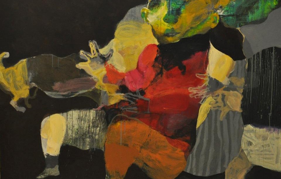 L'image semble représenter une scène abstraite avec des figures humaines aux traits stylisés et aux couleurs vives. On peut distinguer des corps aux contours flous, donnant une impression de mouvement. Les visages, aux teintes vertes et jaunes, sont expressifs mais non réalistes, ajoutant à l'aspect surréaliste de l'œuvre. Le fond sombre contraste avec les couleurs plus lumineuses des figures, créant une atmosphère intrigante. L'ensemble évoque peut-être des émotions complexes ou des interactions humaines.