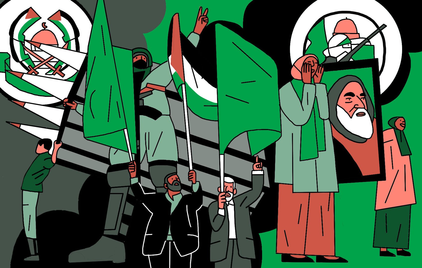 L'immagine presenta un gruppo di persone che sventolano bandiere verdi, simboleggiando un messaggio di unità o protesta. Alcuni individui indossano abiti tradizionali e altri abiti moderni. Sullo sfondo, si possono notare elementi militari, come un carro armato, e immagini simboliche, che potrebbero rappresentare figure di leadership o di riferimento. L'uso di colori vivaci e forme stilizzate conferisce all'immagine un carattere grafico e dinamico.