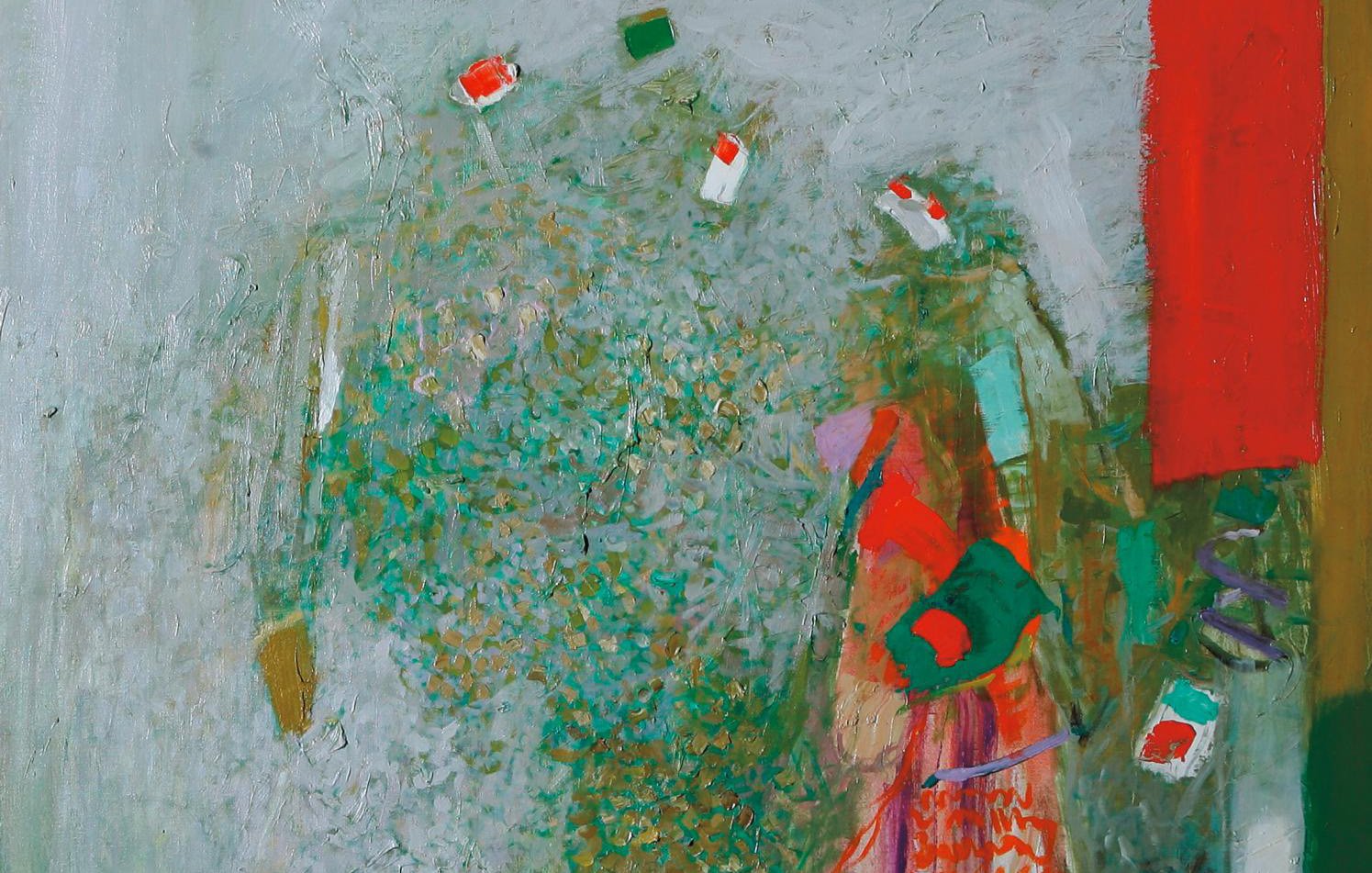 L'image est une peinture abstraite aux teintes variées de vert, de rouge et d'autres couleurs vives. On remarque des formes indistinctes suggérant des silhouettes humaines, ainsi que des éléments géométriques. L'ensemble crée une atmosphère dynamique et expressive.