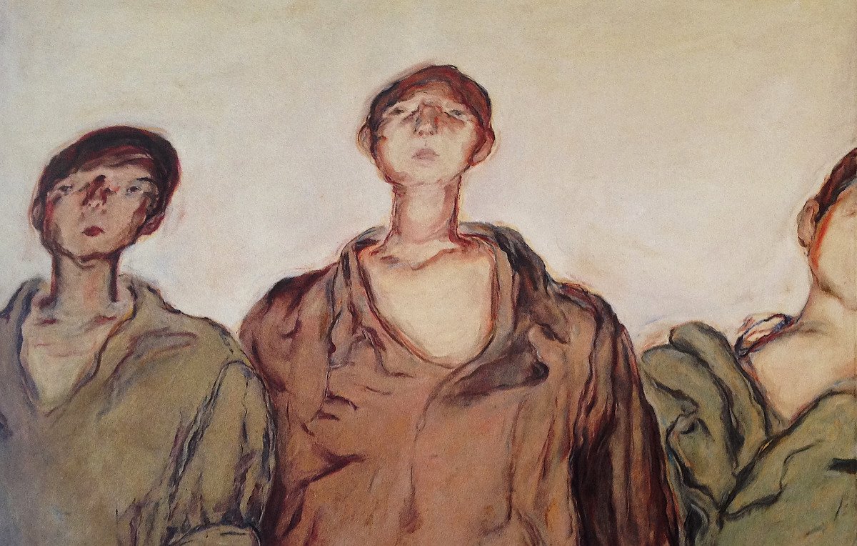 Cette image présente trois figures humaines, probablement des jeunes hommes, représentées de manière stylisée. Ils ont des traits légèrement exagérés, avec des visages allongés et des expressions qui semblent à la fois stoïques et déterminées. Les figures portent des vêtements simples, aux teintes terreuses, principalement des nuances de vert et de brun. L'arrière-plan est clair et neutre, ce qui met en valeur les personnages au premier plan. L'ensemble de la composition évoque une certaine intensité émotionnelle et une ambiance de solidarité ou de résistance.