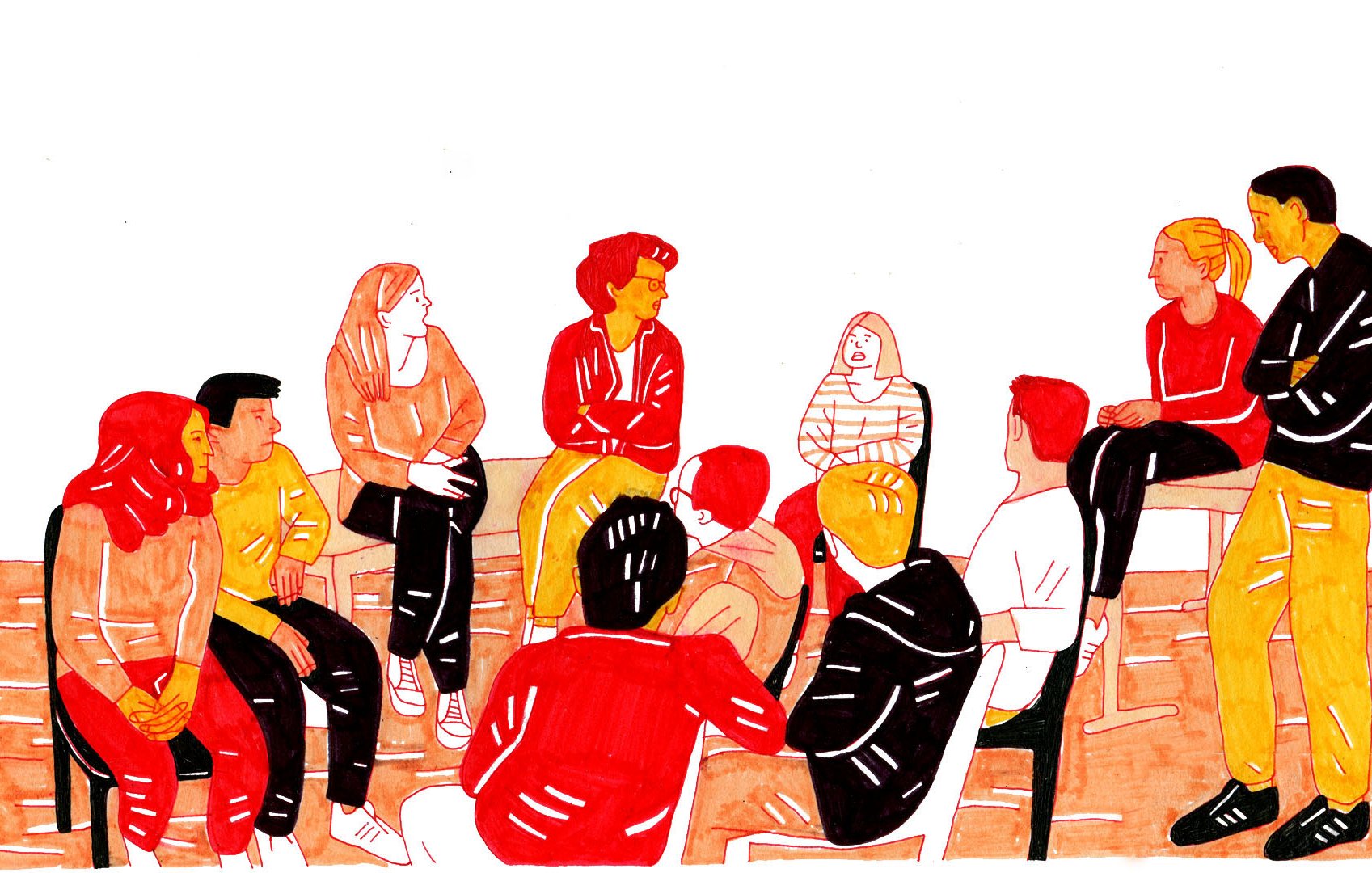 L'image représente un groupe de personnes assises en cercle, engagées dans une discussion. Les personnages sont dessinés avec des couleurs vives, principalement en rouge, orange, et jaune, ce qui donne une atmosphère dynamique et chaleureuse. Certains sont debout, tandis que d'autres sont assis sur des chaises. L'expression de chacun semble attentive, suggérant une interaction collaborative et conviviale.