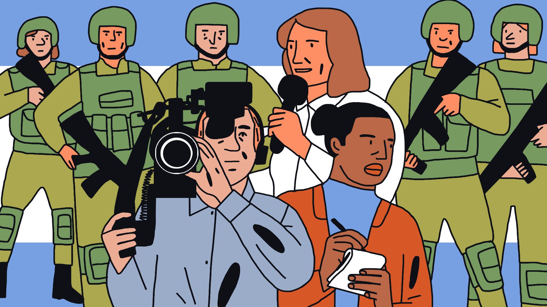 La imagen muestra a tres personas en primer plano, un camarógrafo con una cámara, una reportera con un micrófono y otra persona tomando notas. Detrás de ellos, hay varios soldados vestidos con uniformes de camuflaje y armados, con el fondo mostrando la bandera de Argentina. La escena refleja un ambiente de reportaje en un contexto militar o de seguridad.
