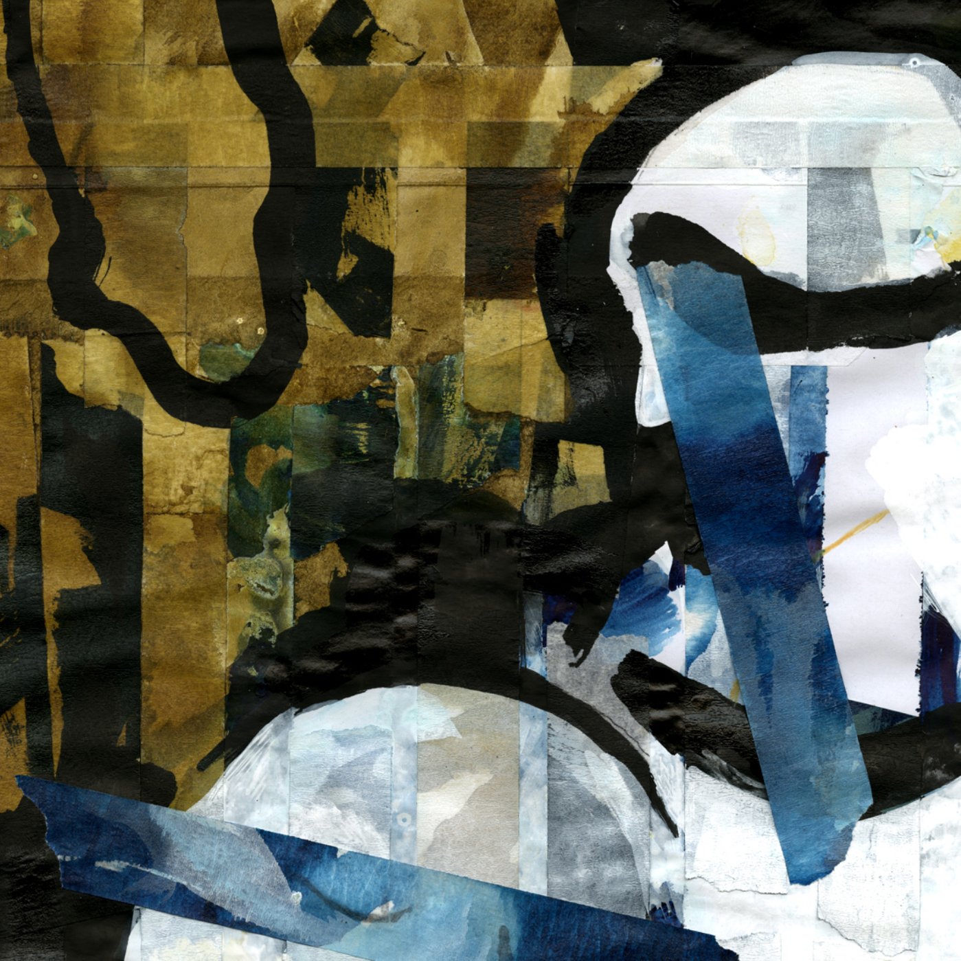 L'image est une composition abstraite avec des formes et des couleurs variées. On y voit des touches de bleu, de noir et de doré, créant une texture riche. Les lignes et formes semblent entrelacées, évoquant une sensation de profondeur et de mouvement.