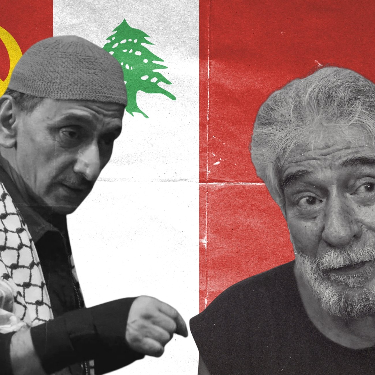 Deux hommes sur fond de drapeau libanais et symbole du communisme.