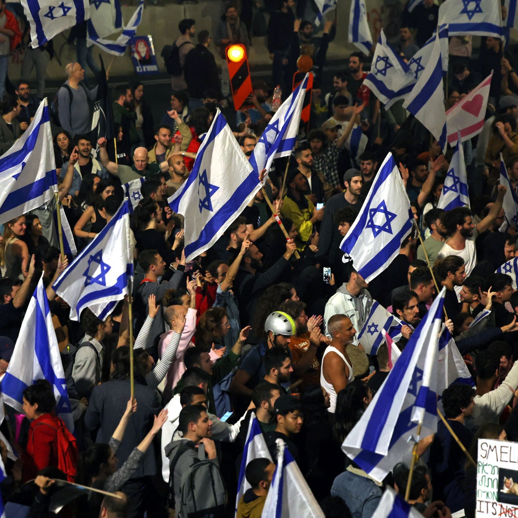 در این تصویر، گروه زیادی از مردم در حال تظاهرات هستند. آنها پرچم‌های آبی و سفید با ستاره داوود را در دست دارند. در میان مردم، برخی تابلوهای نوشته‌دار و علامت‌ها نیز دیده می‌شود. فضای کلی نشان‌دهنده‌ یک تجمع پرشور و فعال است. برخی از شرکت‌کنندگان لباس‌های رنگی و متنوعی پوشیده‌اند و به نظر می‌رسد به یک موضوع خاص اعتراض می‌کنند.