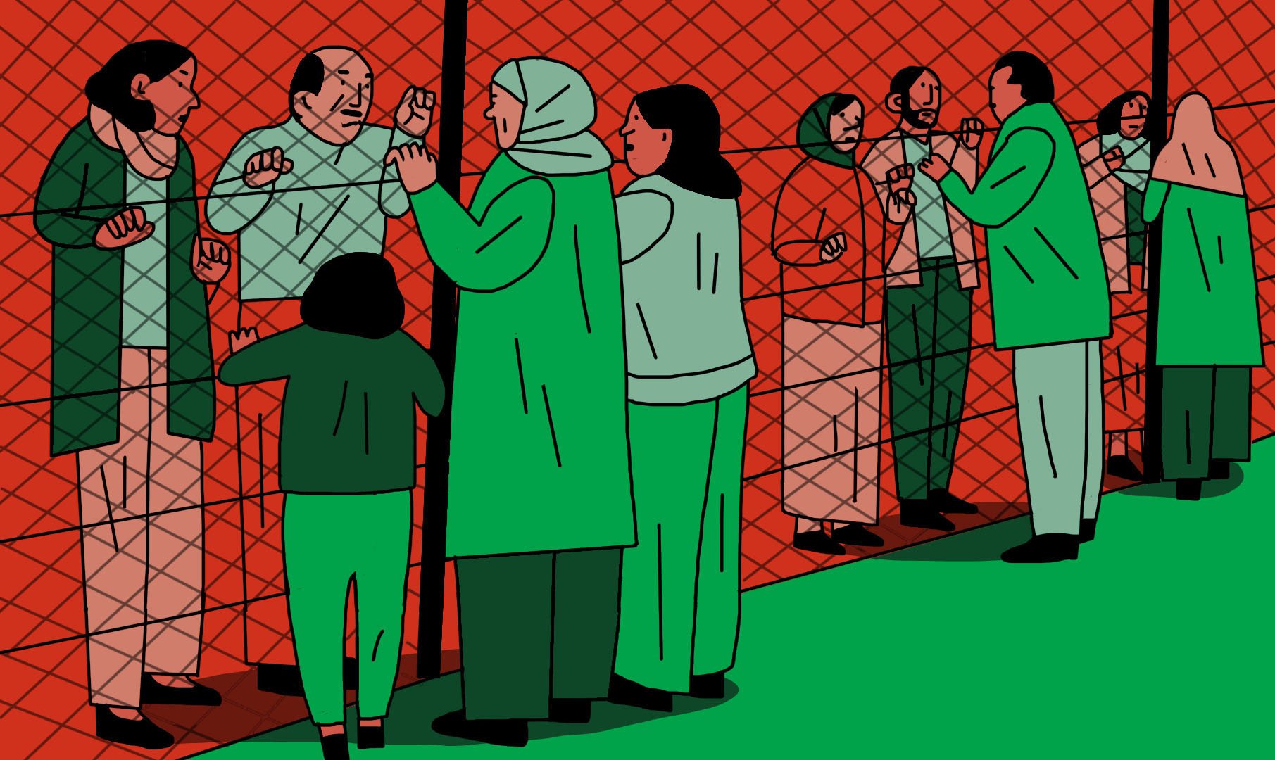 La imagen muestra a un grupo de personas de pie frente a una reja o cercado. Hay varias figuras, tanto adultos como niños, que parecen estar en comunicación a través de la malla. Algunas personas llevan ropa en tonos verdes, mientras que se observan rostros que expresan diferentes emociones, como preocupación o anhelo. El fondo es de un color rojo, lo que resalta la escena. La imagen transmite un sentido de separación y conexión entre quienes están dentro y fuera del cercado.