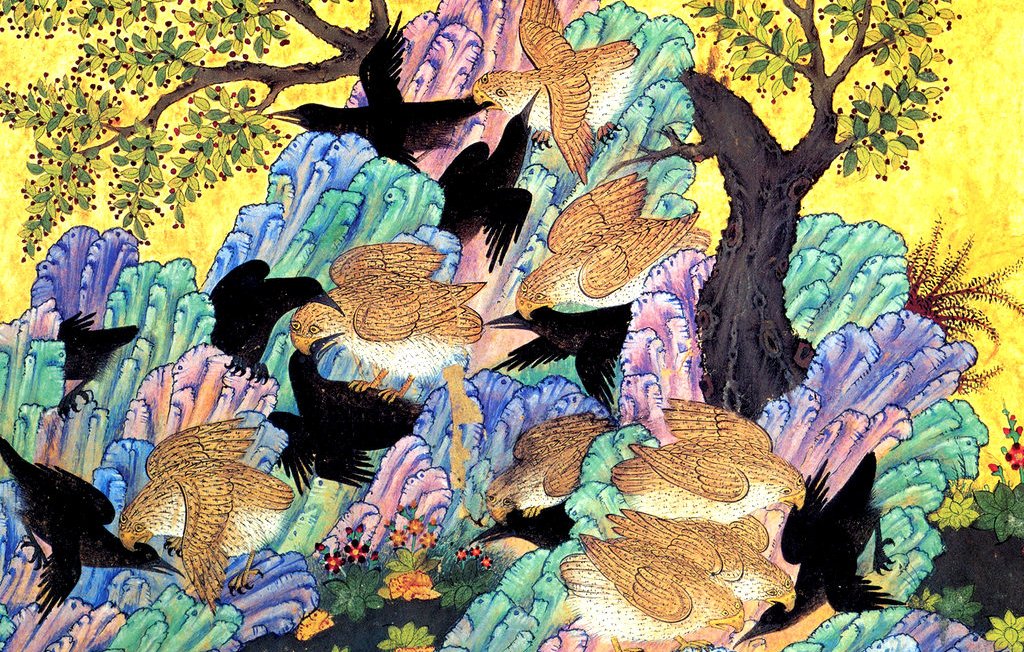 Cette image représente une scène vibrante et colorée d'oiseaux parmi des rochers stylisés et des arbres. Les oiseaux, avec des plumes dorées et noires, volent à travers un paysage de formations rocheuses aux teintes variées, allant du bleu au violet. L'arrière-plan est d'un jaune éclatant, ajoutant une dimension chaleureuse à l'ensemble. Des touches de verdure et de fleurs sont également présentes, créant un contraste harmonieux avec la palette colorée. Cette œuvre évoque une ambiance paisible et vivante de la nature.