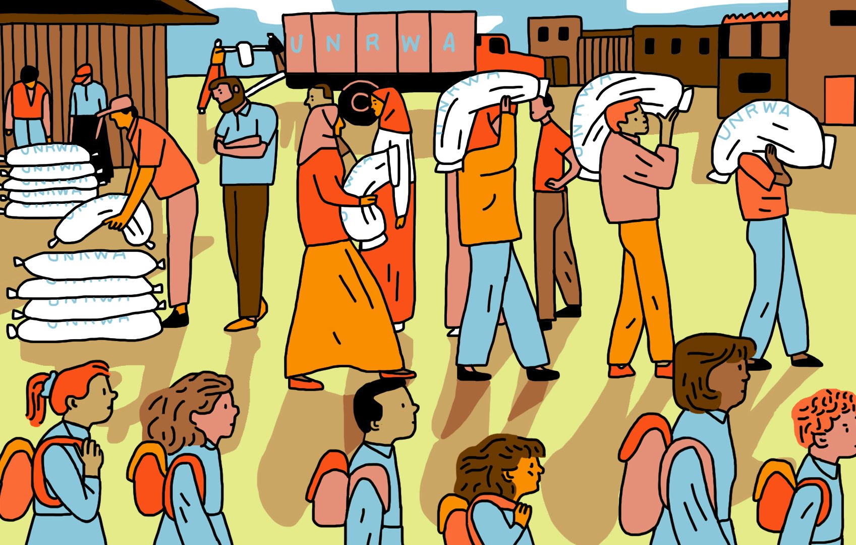 L'image représente une scène où un groupe de personnes est impliqué dans une distribution de biens. On voit des individus portant des sacs, probablement de nourriture ou de fournitures, avec le logo de l'UNRWA visible sur les sacs. Certaines personnes, dont des enfants avec des sacs à dos, se déplacent en ligne. L'arrière-plan montre des bâtiments et un véhicule de l'UNRWA, suggérant un contexte d'aide humanitaire. Les personnages sont habillés de manière variée, chacun ayant une expression concentrée sur la tâche à accomplir.