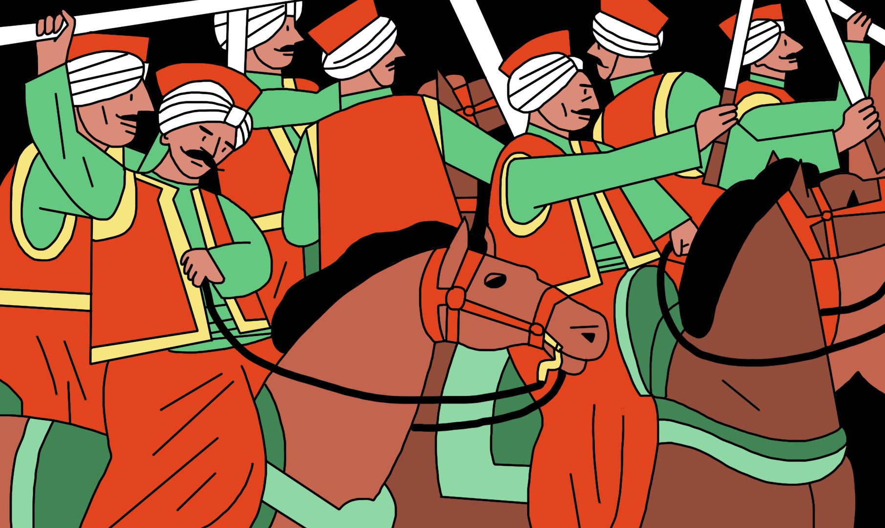 La imagen muestra a un grupo de jinetes con vestimenta tradicional, principalmente en tonos naranjas y verdes. Están montando caballos y parecen llevar estandartes o lanzas. Los jinetes tienen turbantes en la cabeza y están en una formación que sugiere movimiento, como si estuvieran marchando o participando en una celebración. El fondo es de color negro, lo que hace que los colores de la vestimenta y los caballos resalten.