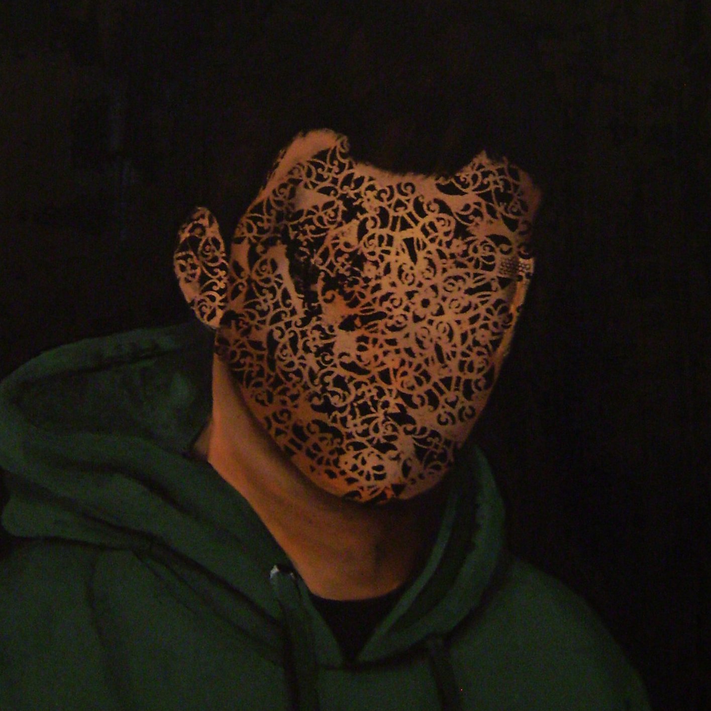 The image depicts a figure wearing a green hoodie, with their face obscured by a decorative mask featuring intricate patterns. The mask covers the person's face, leaving only the hoodie and part of the neck visible. The background is dark, enhancing the contrast between the figure and the decoration on the mask. Overall, the image conveys a sense of mystery and anonymity.