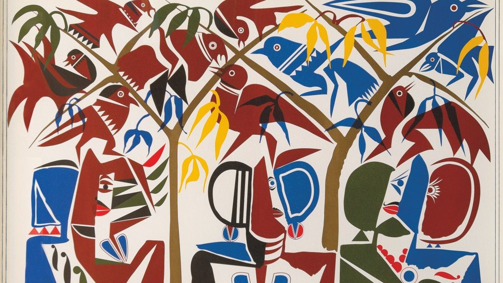 L'image présente une composition stylisée et colorée, typique de l'art moderne. On y voit deux figures humaines, dont les traits sont simplifiés et géométriques, se tenant en face l'une de l'autre. Elles sont entourées de motifs naturels, tels que des arbres avec des feuillages et des oiseaux aux couleurs vives. Les couleurs dominantes sont le rouge, le bleu, le vert et le jaune, créant un contraste frappant. Les formes et les lignes sont utilisées de manière expressive, donnant une impression de mouvement et de dynamisme à l'ensemble de la scène.