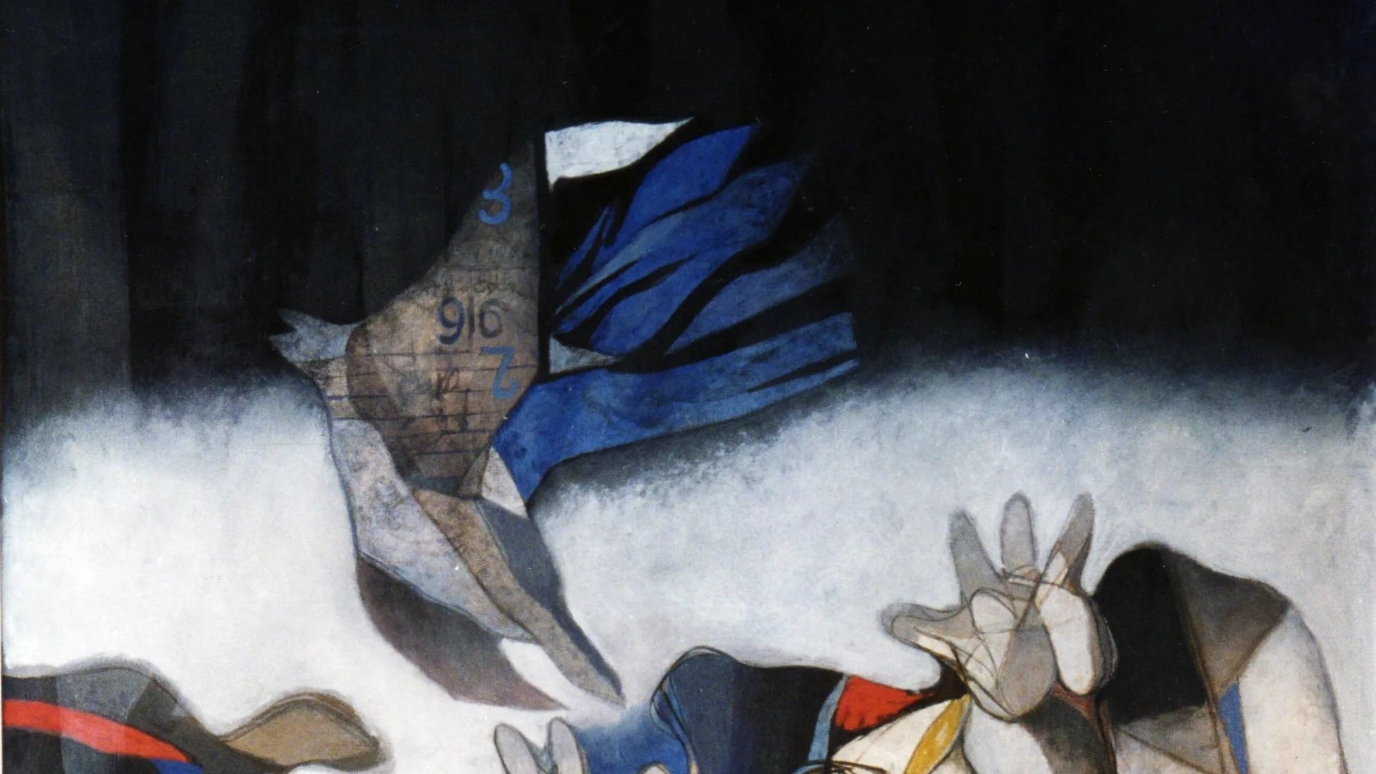 L'image présente une composition abstraite où des formes humaines ou des silhouettes semblent émergeantes d'un fond sombre. Les couleurs dominantes sont des nuances de bleu, noir et gris, avec des touches de rouge et de blanc. Les formes semblent s'étendre vers le spectateur, créant une impression de mouvement et d'émotion. Le contraste entre le fond sombre et les éléments plus clairs attire l'œil, suggérant une atmosphère à la fois mystique et troublante. Les éléments géométriques et les motifs ajoutent une dimension supplémentaire à l'œuvre.