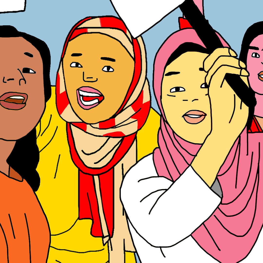 L'image représente un groupe de femmes qui semblent être engagées dans une manifestation ou une action collective. Elles portent des vêtements de couleurs vives, dont des hijabs et des écharpes. Plusieurs d'entre elles lèvent la main avec des pancartes, exprimant probablement leurs voix pour une cause qui leur tient à cœur. Les expressions sur leurs visages transmettent de la détermination et de l'énergie. L'arrière-plan est simple, mettant l'accent sur l'action et l'enthousiasme du groupe.