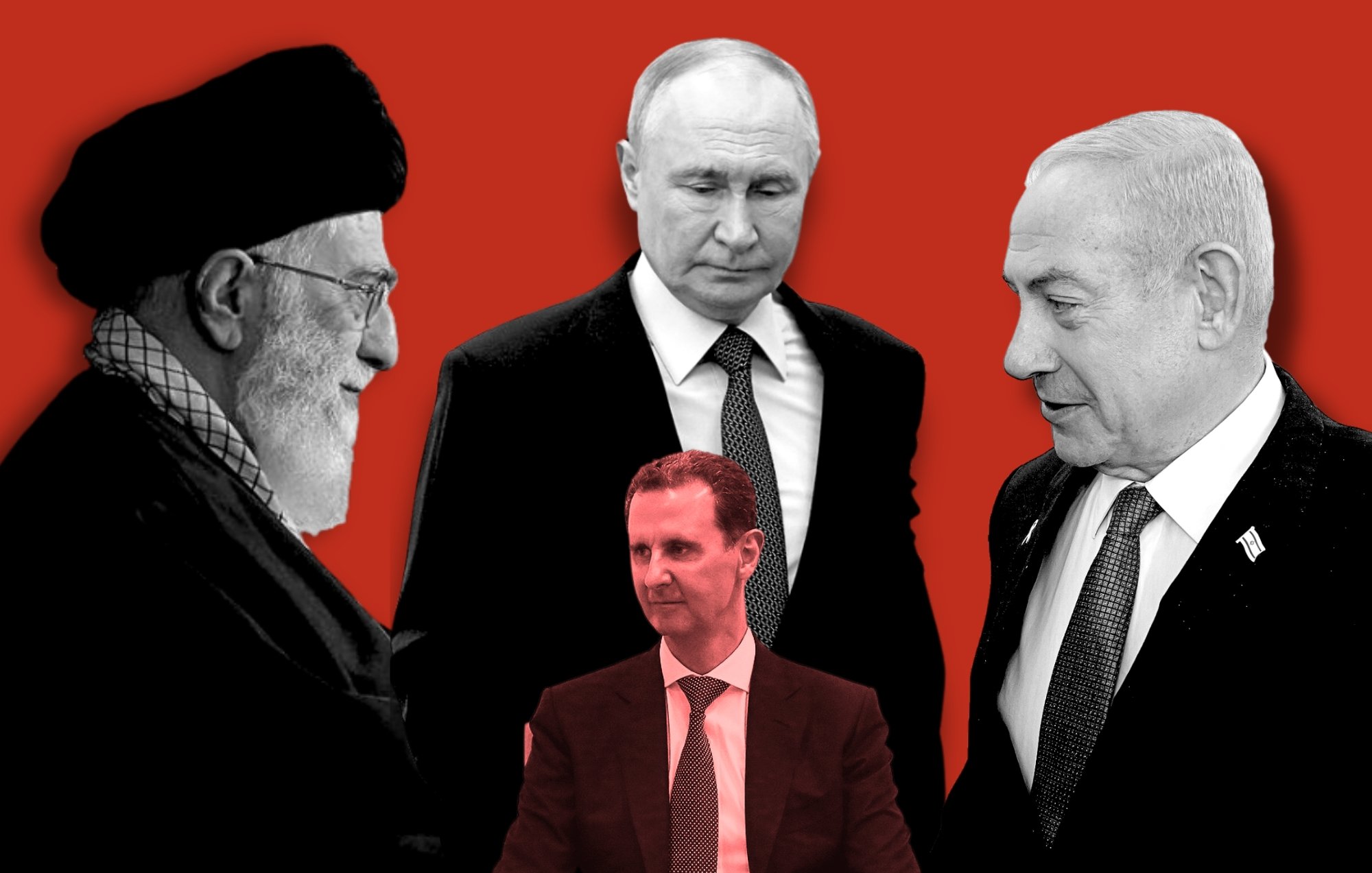 در این تصویر، چهار شخصیت سیاسی مهم به نمایش درآمده‌اند. در سمت چپ، یک فرد با کلاهی مشکی و ریش سفید قرار دارد که نمایانگر مقام مذهبی است. در کنار او، مردی با کت و کراوات تیره نیز دیده می‌شود که حالتی جدی دارد. در سمت راست، مرد دیگری با کت و کراوات روشن نشسته است و به نظر می‌رسد که توجهش به فرد دیگر در تصویر جذب شده است. پس‌زمینه تصویر قرمز است و به نظر می‌رسد که این افراد در حال انجام گفت‌وگو یا تعامل هستند.