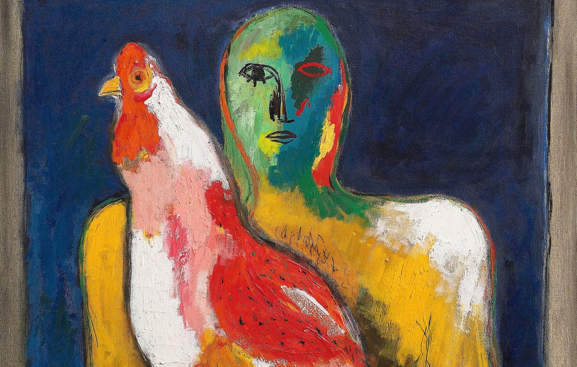 L'image représente une peinture expressionniste. On y voit une figure humaine qui a une peau de couleur verte, avec un visage stylisé et abstrait. Cette personne tient un coq aux plumes vives, principalement rouge, avec une queue colorée et élancée. Les couleurs sont intenses, avec un fond sombre qui fait ressortir les teintes éclatantes de la figure humaine et de l'oiseau. L'ensemble dégage une atmosphère à la fois intrigante et surréaliste.