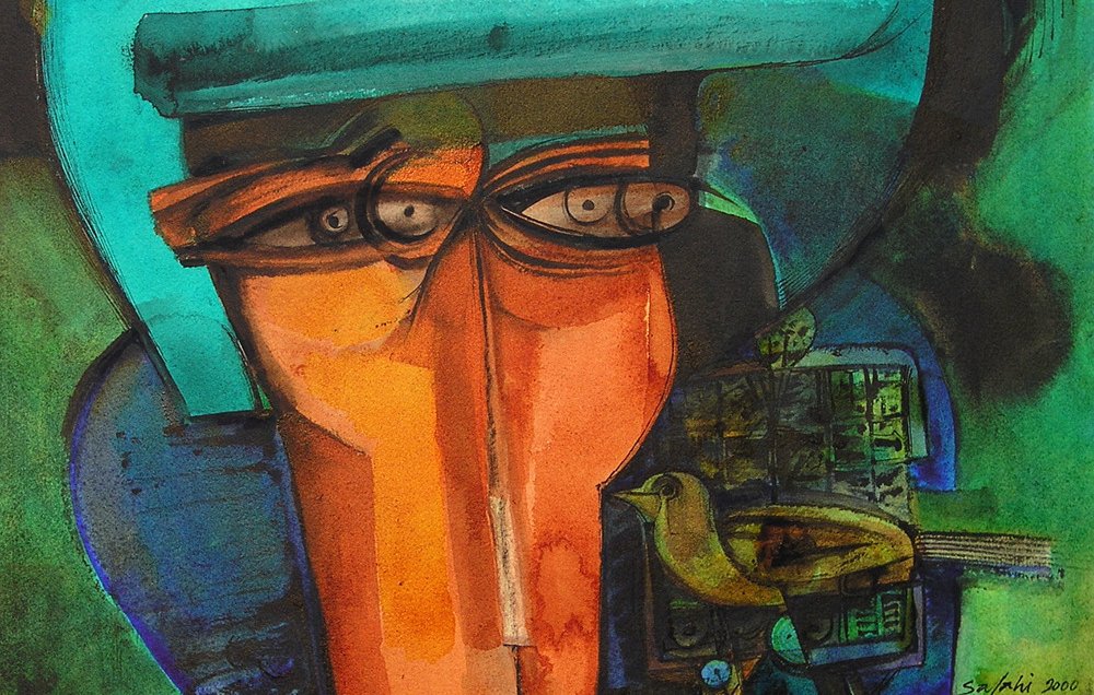 Cette image représente une œuvre d'art abstraite. On y voit un personnage avec une forme de visage stylisée, composé de couleurs vives comme l'orange et le turquoise. Le regard du personnage est accentué par des lunettes, et des éléments géométriques et texturés entourent sa tête. L'arrière-plan est d'un vert profond, ce qui crée un contraste marqué avec les couleurs du visage. L'ensemble de la composition évoque une atmosphère à la fois mystérieuse et expressive.