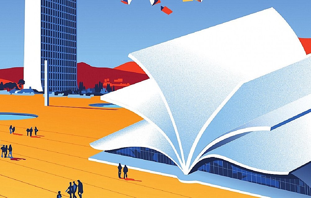 L'image représente une scène futuriste et graphique, avec un grand livre ouvert qui semble flotter ou être intégré dans le paysage. À l'arrière-plan, on peut distinguer un bâtiment moderne et élancé, probablement une bibliothèque ou un centre culturel. Le ciel est d'un bleu vif, tandis que le sol arbore des teintes de jaune et orange, créant une ambiance chaleureuse. Des silhouettes de personnes se déplacent autour, ajoutant une dynamique à la composition. Des éléments colorés semblent s'élever dans l'air, évoquant des idées de créativité et de connaissance en liberté.