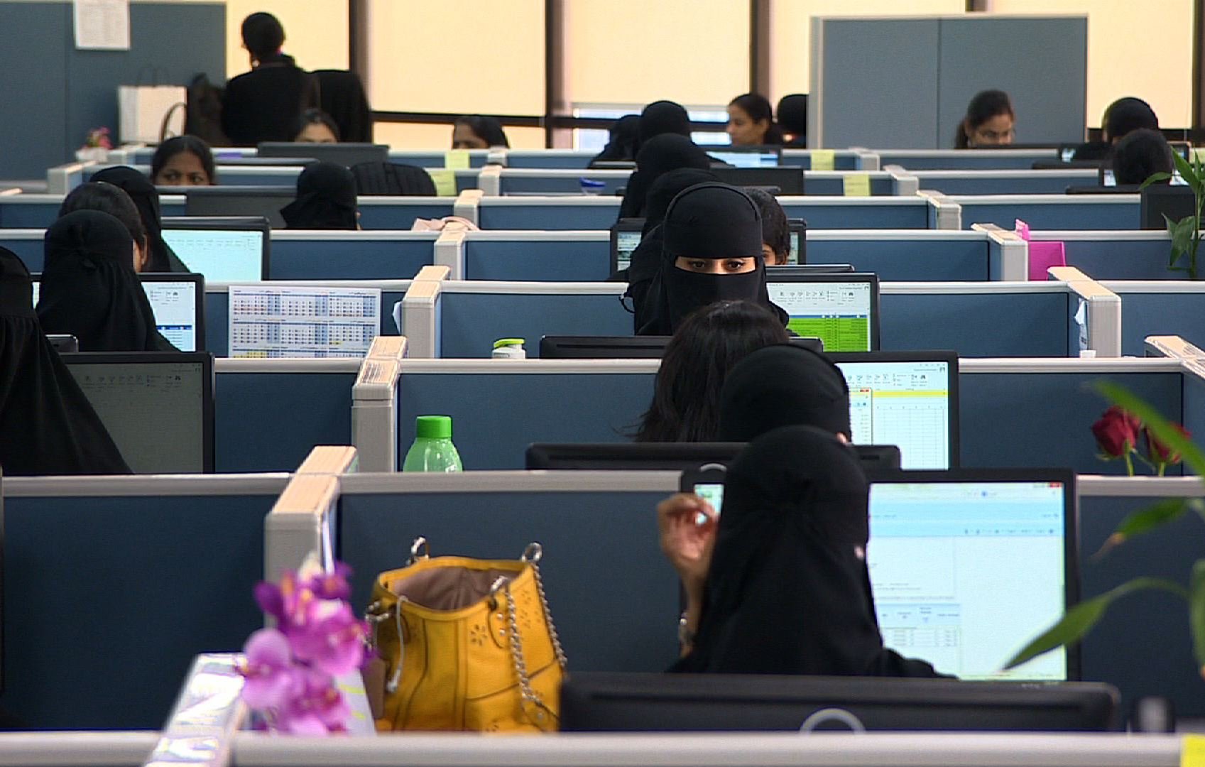 این تصویر یک محیط اداری را نشان می‌دهد که در آن تعدادی زن در حال کار هستند. بسیاری از این زنان از پوشش کامل استفاده می‌کنند و فقط چهره‌هایشان قابل مشاهده است. میزها به صورت ردیفی در کنار هم قرار دارند و هر نفر در حال کار با کامپیوتر است. در قسمت جلویی تصویر، چند شیء مانند بطری آب و یک کیف دیده می‌شود. فضای کلی تصویری از یک محیط کاری فعال و سازمان‌یافته است.