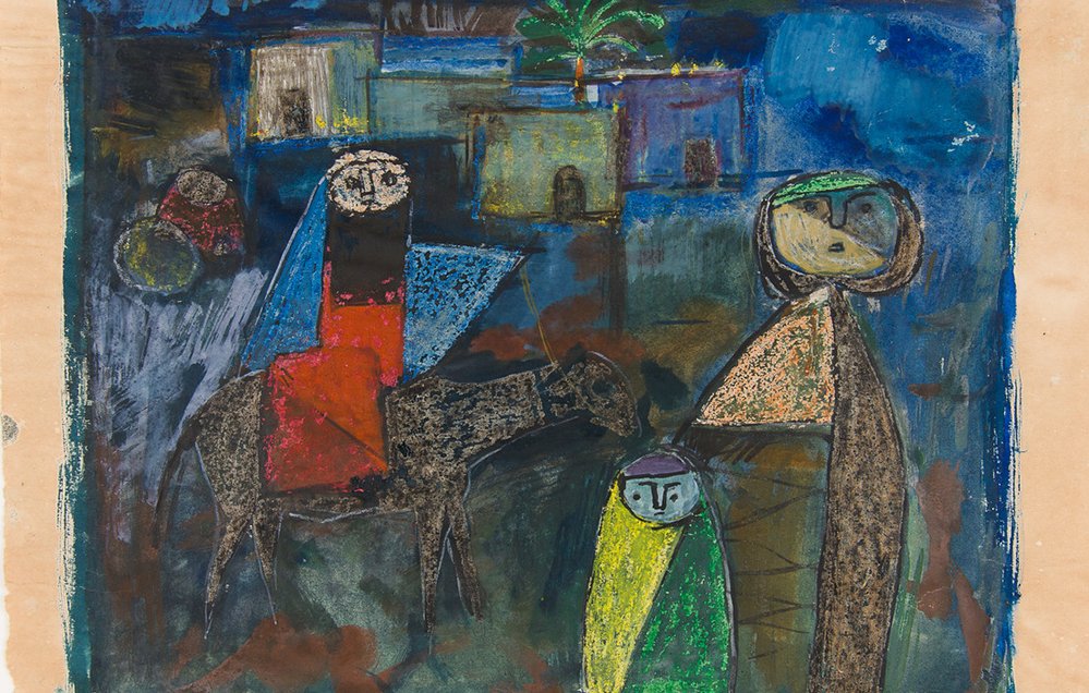 L'image montre une scène expressive avec des figures stylisées au premier plan. On y aperçoit un homme portant une cape rouge, un enfant en vert, et une femme avec un visage oval qui porte un foulard. À côté d'eux, on trouve un âne. L'arrière-plan comporte des maisons stylisées et un palmier, le tout dans des tons vibrants de bleu, rouge et vert. L'œuvre semble évoquer une atmosphère chaleureuse et nostalgique, reflet de la vie quotidienne.