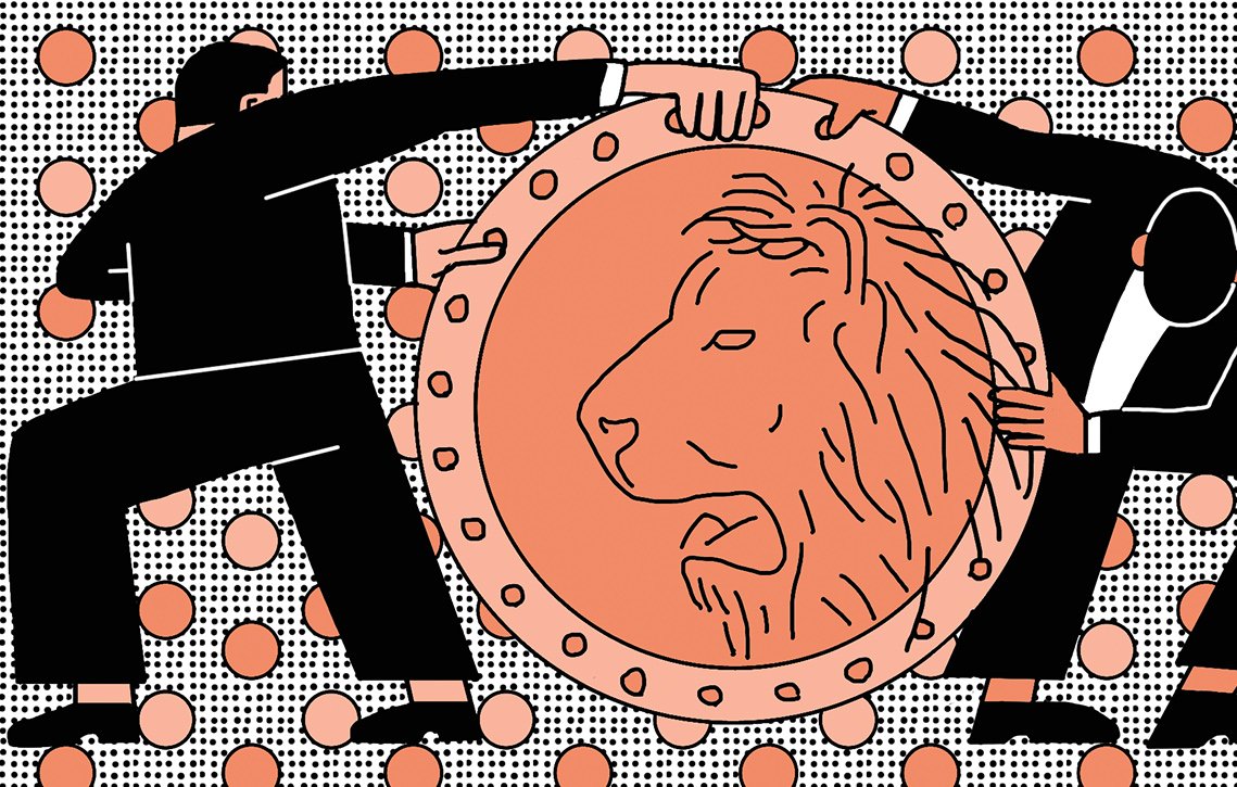 The image features two abstract figures, each gripping an ornate shield that displays a lion's head. The background is dotted with circles in a pattern, adding a sense of dynamism. The figures, dressed in suits, appear to be engaged in a struggle or cooperative effort over the shield, which may symbolize strength or protection. The overall illustration uses a graphic style with bold lines and a limited color palette of earthy tones and black, creating a striking visual impact.