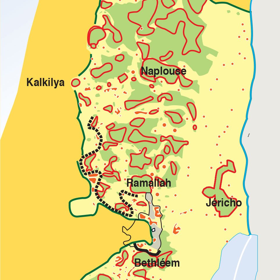 L'image est une carte représentant la région de la Palestine, mettant en évidence différentes zones et éléments liés à la présence israélienne. Elle montre : - Les zones A et B, qui sont des territoires administrés respectivement par les Palestiniens et conjointement avec les Israéliens. - Les colonies israéliennes, indiquées par des zones colorées. - Les cordons de sécurité établis par les forces israéliennes autour des principales villes palestiniennes, ainsi que les points de contrôle israéliens. - Le mur de sécurité israélien, avec des sections déjà construites et d'autres en projet. Cette carte illustre les complexités géopolitiques de la région et les tensions entre les populations israélienne et palestinienne.