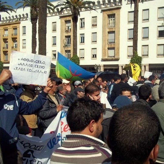 L'image montre une foule rassemblée lors d'une manifestation en plein air. On peut voir des gens tenant des pancartes et des drapeaux, dont certains affichent des couleurs vives, probablement liés à un mouvement culturel ou politique. Les bâtiments en arrière-plan semblent typiques d'un milieu urbain. L'ambiance semble être dynamique et engagée, reflétant les préoccupations des manifestants.