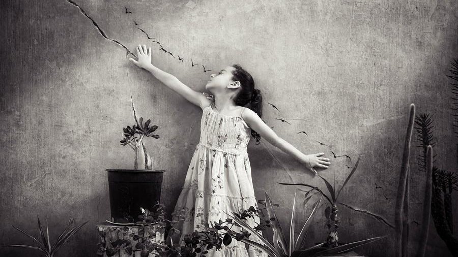 L'image représente une petite fille dans une robe blanche, se tenant debout devant un mur texturé. Elle est en train de tendre les bras, comme si elle essayait d'attraper quelque chose au-dessus d'elle. On peut voir une série d'oiseaux en vol dessinée sur le mur, créant un effet de mouvement. À ses pieds, il y a des plantes en pot qui ajoutent une touche naturelle à la scène. La photographie est en noir et blanc, ce qui lui donne une atmosphère à la fois rêveuse et nostalgique.