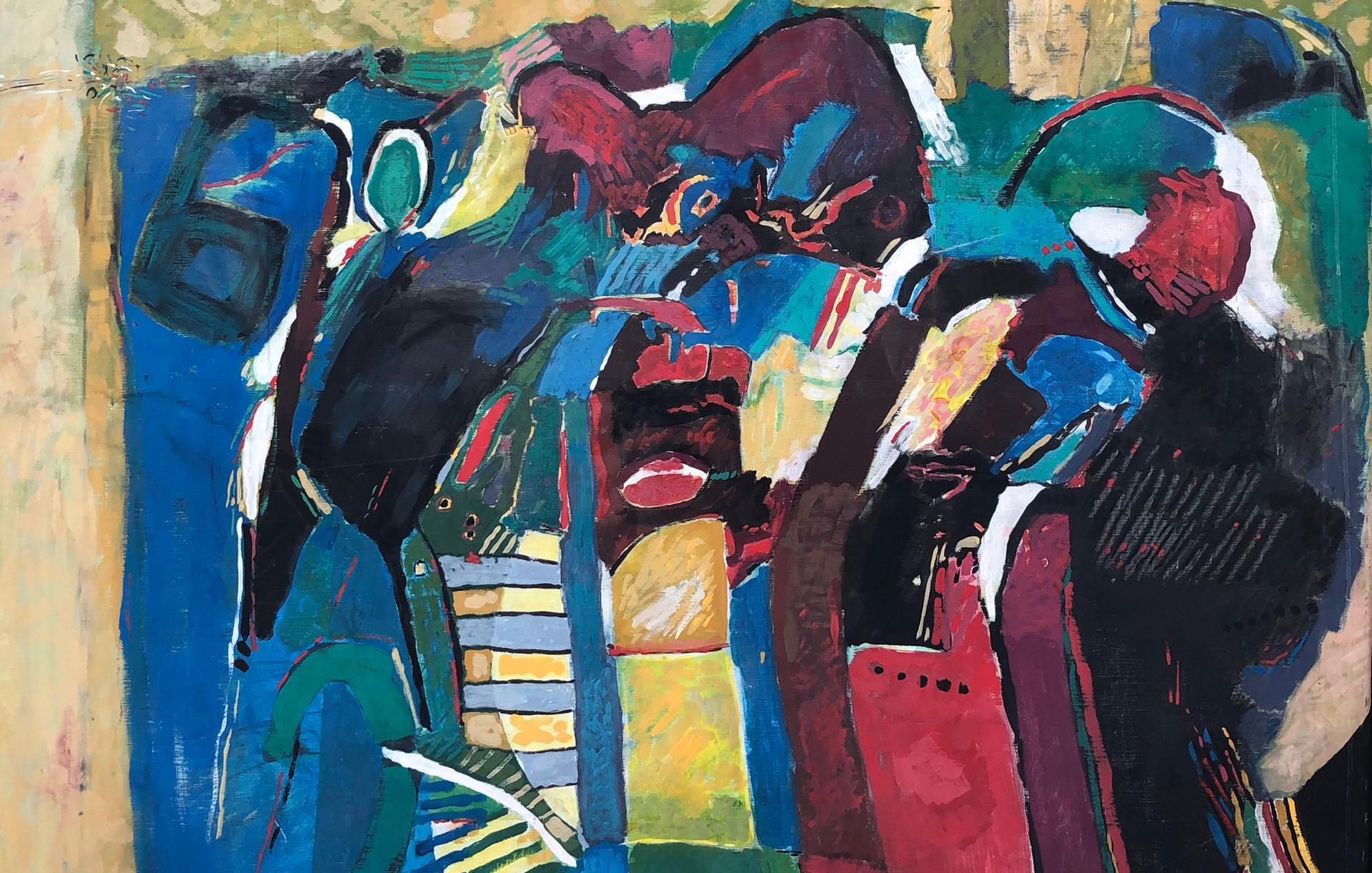 L'image représente une œuvre d'art abstraite, caractérisée par des formes stylisées et des couleurs vives. Les personnages sont suggérés par des silhouettes et des traits expressifs, avec des dominantes de bleu, rouge, jaune et vert. L'arrière-plan est d'un ton plus clair, ajoutant une dimension contrastante aux figures. Les éléments graphiques semblent interagir de manière dynamique, créant une atmosphère à la fois énergique et contemplative. L'ensemble évoque des thèmes de mouvement et d'émotion, typiques de l'art moderne.