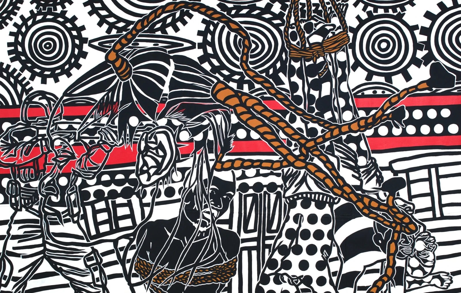 L'image présente une scène dynamique et complexe, mêlant des éléments abstraits et figuratifs. On peut observer des personnages en mouvement, avec des formes géométriques et des motifs en arrière-plan. Les personnages semblent interagir avec des cordes ou des tentacules, créant une sensation de tension. Les couleurs dominantes sont le noir, le blanc et des touches de rouge, ce qui renforce l'énergie visuelle de l'œuvre. L'ensemble dégage une atmosphère à la fois chaotique et organisée, invitant à une interprétation personnelle.